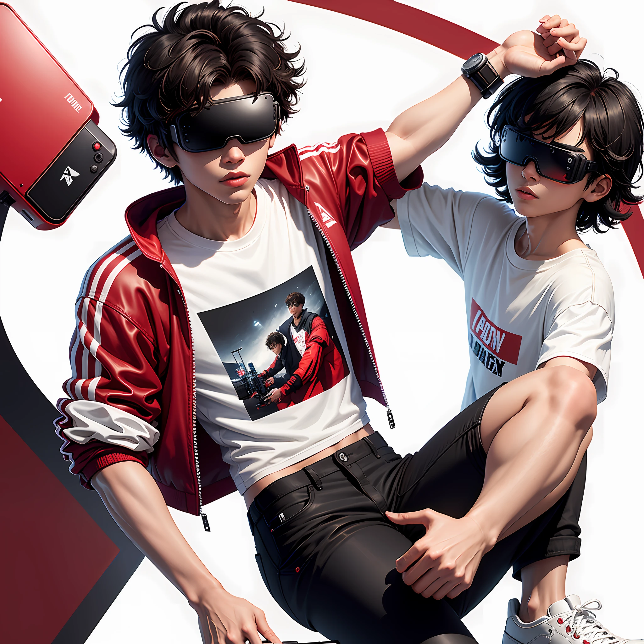 Character, 18 years old, short haired, black, wearing VR glasses, wearing red jacket, white T-shirt, black pants and sneakers with black, white and red details, holding an Xbox controller floating over his hand;