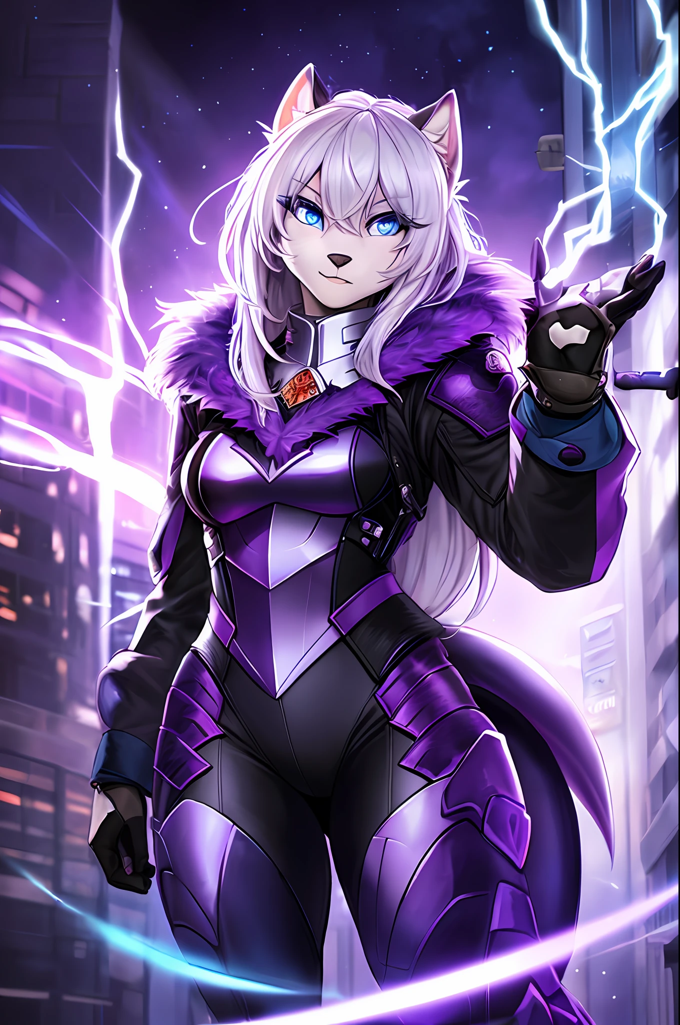 (Masterpiece, Best Quality), Altair, Furry, Furry Female, 1 Girl, Blue Eyes, Reptile, Dragon, Sketch, Detailed Fur Skin, Black Coat, Sharp Focus, Fluffy, City Background, , Uniform, Two-tone Fur, Ur Body Solo, Purple Dragon Tail, Purple Fur, 8k, (Ultra Realistic Photo, RAW Photo, Furry:1.3), Furry, Furry Female, 1 Girl, Blue Eyes, Electricity, Glow, Purple Fur,