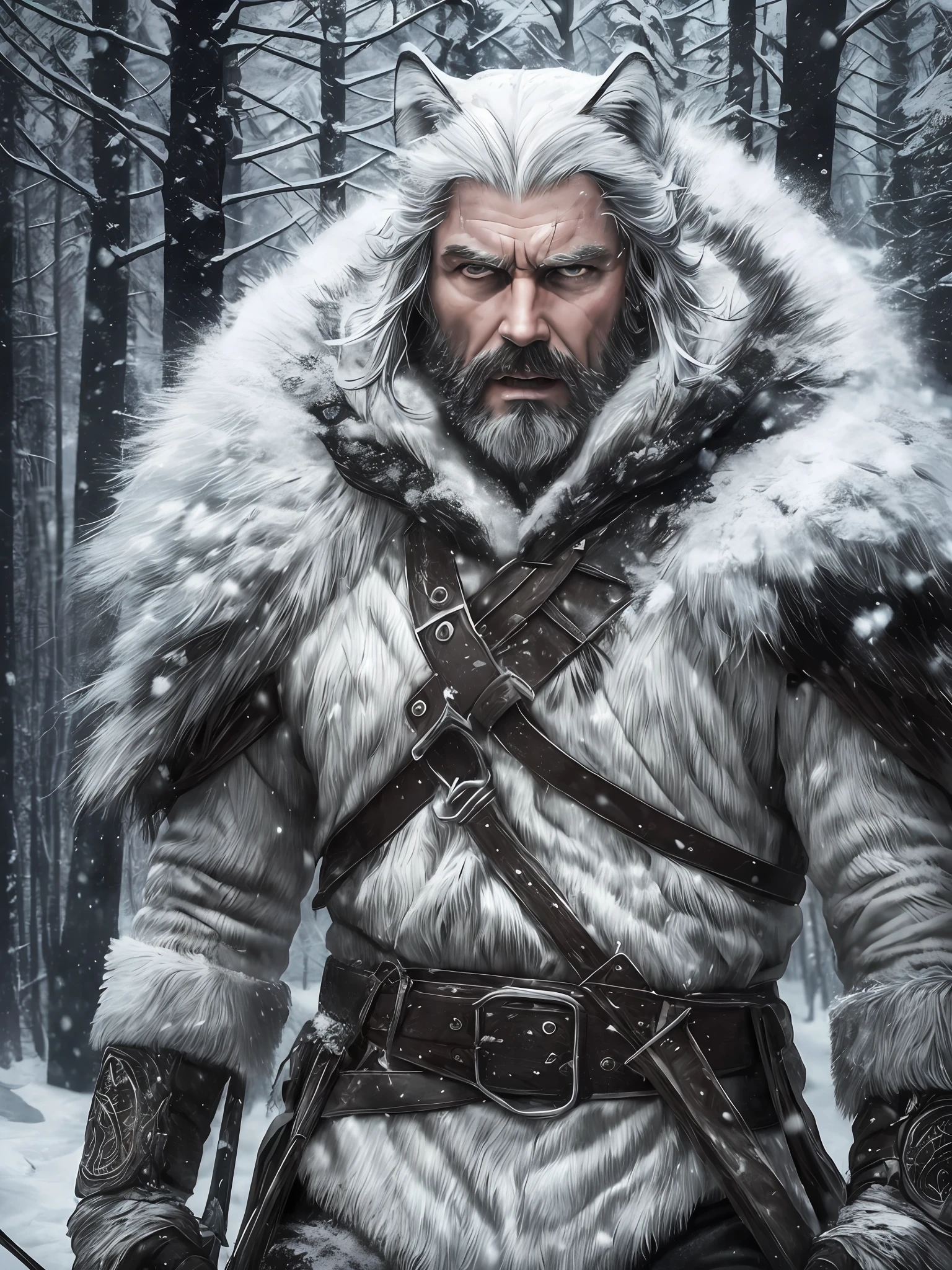The winter forest is taken over by an atmospheric and intense atmosphere when the 48-year-old hunter man enters the scene. His white wolf outfit symbolizes his connection to the wild environment, while his expressive and angry gaze evokes a feeling of strong strength. His black hair contrasts with the cold, desolate landscape as he wields a bow and arrow masterfully. The image is a realistic and highly detailed depiction, creating an immersive atmosphere that captures the essence of wild winter --auto --s2
