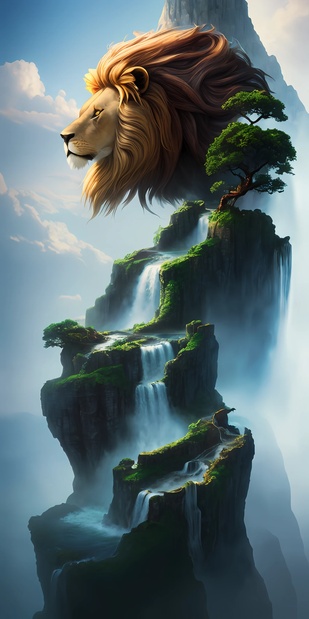 ((lion's head on top of a cliff with a waterfall (mane melting the water of the waterfall)))), fantasy matte painting, beautiful, 3 d render and matte painting, matte painting in fantasy style, 3d rendered matte painting, illustration matte painting, 4k matte painting, 4k fantasy art, majestic matte painting, realistic fantasy render, epic matte painting of an island, fantasy art behance