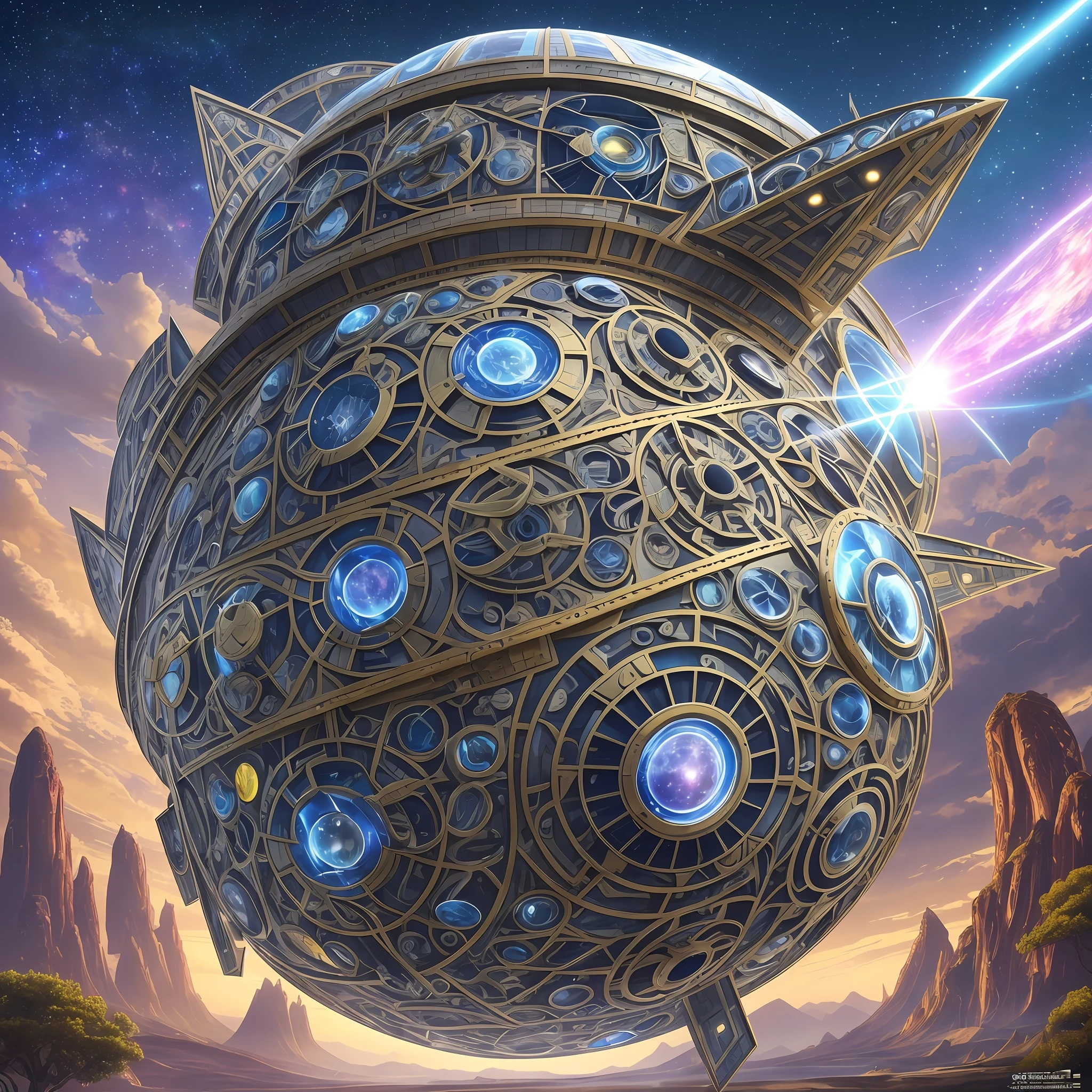 "Create a 3D animation of a futuristic and spiritual spaceship, inspired by sacred geometry and biological technology. The shape of the ship is unique and intriguing, combining spherical, discoid and triangular elements in a harmonious way, creating a completely different and fascinating appearance. The propulsion of the spacecraft is based on an exotic source of energy, which goes beyond solar or antimatter energy, giving it impressive speed and capabilities.

The alien ship possesses unique and advanced characteristics. It has the ability to camouflage itself, making itself virtually invisible to human eyes and manipulating the space-time around it. In addition, it has the extraordinary ability to regenerate, repairing damage and keeping itself in perfect working order.

The alien piloting the ship is truly unusual. Their appearance is highly distinctive, with a short stature and a scaly skin in exotic tones. He communicates mainly through telepathy, being able to share thoughts and ideas directly with other beings. His personality is peaceful, but curious and full of curiosities about humanity and other beings of the universe.

The alien comes from a unique environment, inhabiting intergalactic space and exploring different planets and star systems. Your ship is your home and your source of connection with other beings, allowing you to travel and discover new cosmic horizons in your quest for knowledge and understanding." --auto --s2