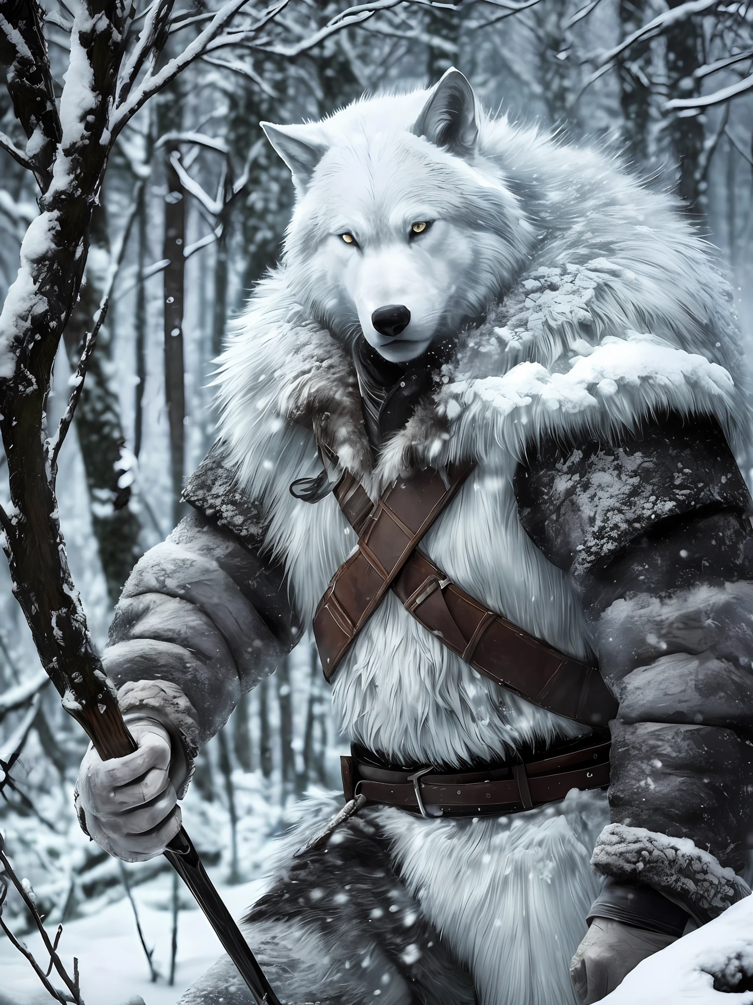 The winter forest is taken over by an atmospheric and intense atmosphere when the 48-year-old hunter man enters the scene. His white wolf outfit symbolizes his connection to the wild environment, while his expressive and angry gaze evokes a feeling of strong strength. His black hair contrasts with the cold, desolate landscape as he wields a bow and arrow masterfully. The image is a realistic and highly detailed depiction, creating an immersive atmosphere that captures the essence of wild winter --auto --s2