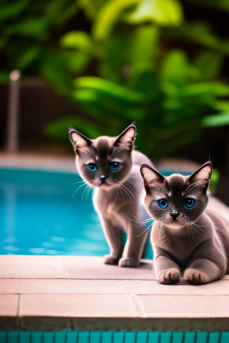 Hyper Quality,Cute two Siamese cats kitten,swimming in the pool,barking,narrow eyes,smile,eos r3 28mm