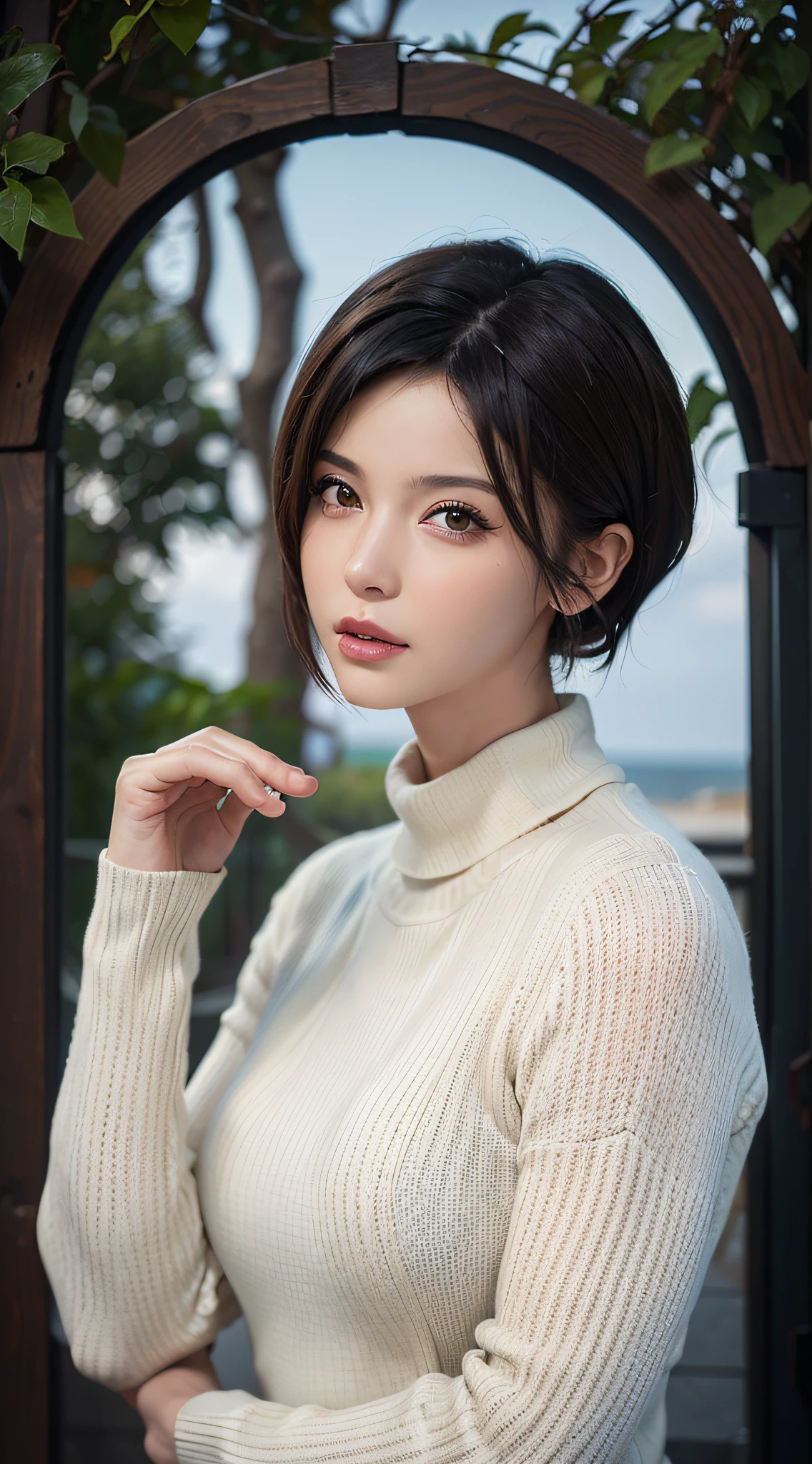(masterpiece:1.3), (8k, photorealistic, RAW photo, best quality: 1.4), (1girl), beautiful face, (realistic face), (black hair, short hair:1.3), beautiful hairstyle, realistic eyes, beautiful detailed eyes, (realistic skin), beautiful skin, (sweater), absurdres, attractive, ultra high res, ultra realistic, highly detailed, golden ratio