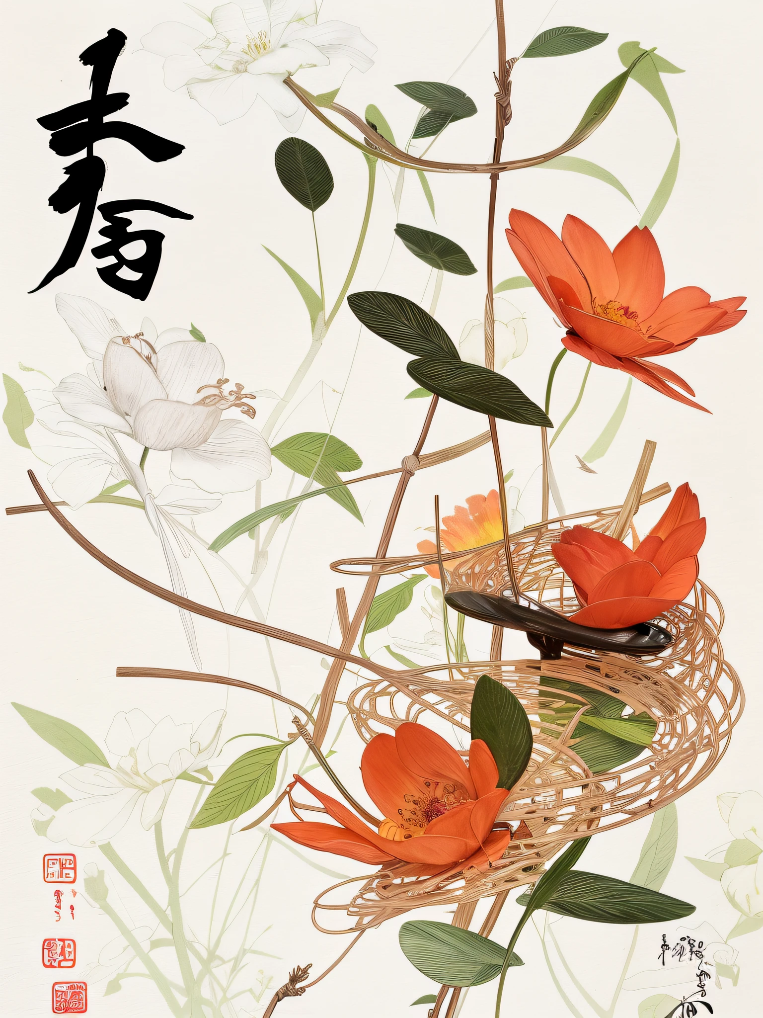 Beautiful flowers, green leaves, grass, vines, comfortable, willow, Chinese watercolor style, Wang Chen, Qu Leilei, Zhongyuan Festival, Xia Gui, Chinese brush illustration, fine artwork illustration, Chiba Xiongda, Yang J, g Liulian art style