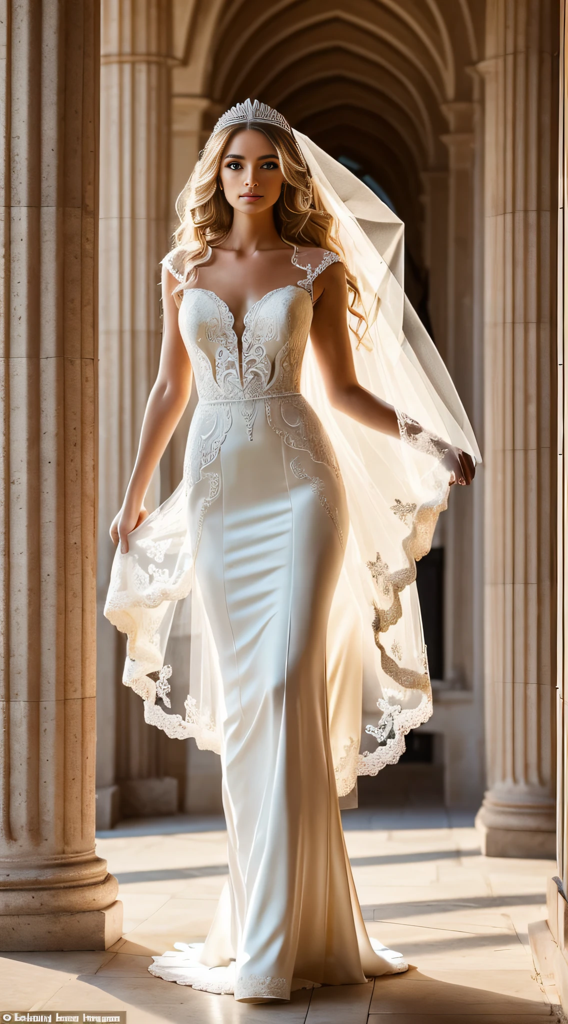 (((full body, full shot:1.3))), in detail and in detail an extremely beautiful slender sexy bride in a cream wedding dress with intricate lace patterns and a beautiful long veil with intricate patterns stands in partial shade among the columns of a beautiful building. the bride holds her wedding dress on her face and body with her hands, the pose is beautiful sexy C-shaped stilettos of cream color with intricate patterns, the bride's face is European, perfectly beautiful proportions are neat facial features, (the eyes are bright green-blue eyelashes are long and fluffy:1.3), the bride's physique is slender and graceful, her legs are graceful and longer than the body in proportion, graceful hands in precious jewelry, on the head of the bride there is a wedding tiara with beautiful diamonds, the skin color is perfect, the cheeks are slightly ruddy, ((wavy long blond hair to the knees is beautifully flowing in detail and in detail)), the side daylight lighting is soft, hyper detail, clear focus, jerry gionis style
