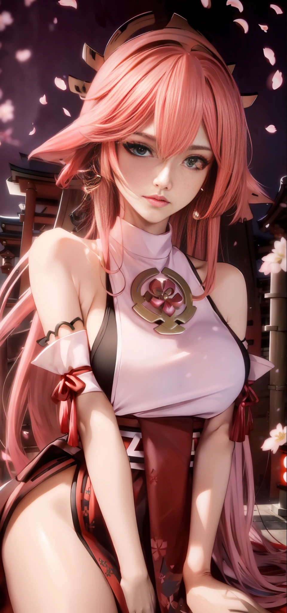 (Masterpiece, Excellent, 1girl, solo, complex details, color difference), realism, ((medium breath)), off-the-shoulders, big breasts, sexy, Yae Miko, long pink hair, red headdress, red highlight, hair above one eye, green eyes, earrings, sharp eyes, perfectly symmetrical figure, choker, neon shirt, open jacket, turtleneck sweater, against the wall, brick wall, graffiti, dim lighting, alley, looking at the audience, ((mean, seductive, charming)), ((cherry blossom background ))),((Japanese temple background)))), (((Glow-in-the-dark background)))