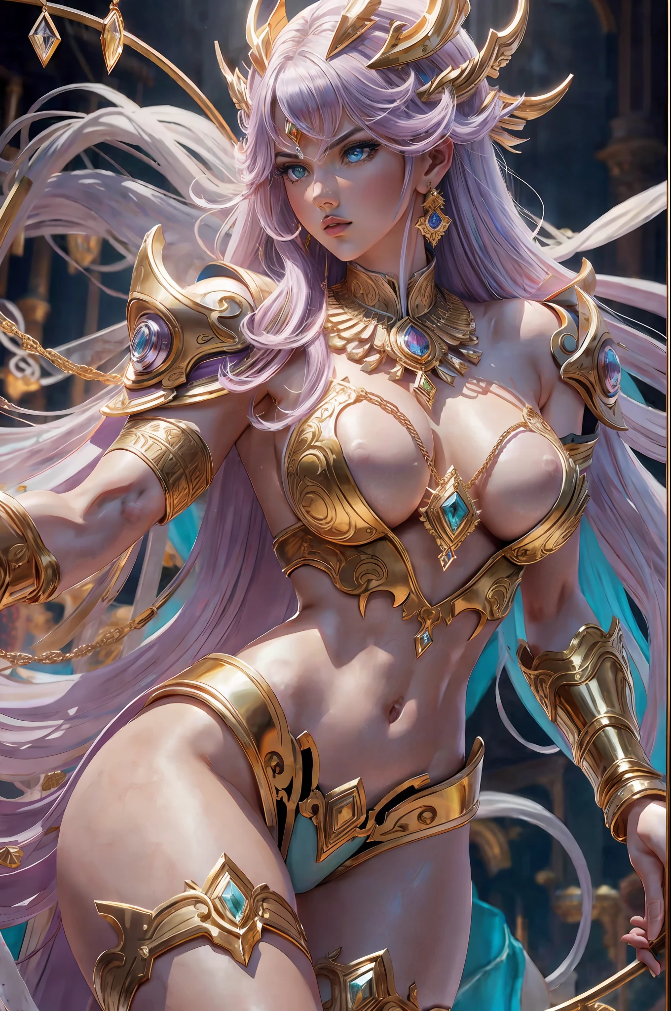 Saigarius Saint Seiya in cyberpunk style, (God of War) (Saint Seiya: 2) (Gold Armor: 2), (Gold Texture: 1.5) (Legs open: 2) on stomach, leg lift, reclining (open air) (hips) Panties for the audience to show (off-the-shoulder) (with countless super gems) (Super large gem pendant: 2), crazy details (with water flowing through the body: 1.5) Full body, stockings, (kick: 2), Noble details, full grass, full length, full frame, epic pose, (gorgeous jewelry) yellow hair (necklace earrings) pendant, (set + large gems), large diamonds, gold, ruby), waterfall, bath side, unrealistic engine style, detailing, ultra-realistic, boca effect, shot in the style of David La Chapelle, Bioluminescent palette: lilac, pale pink, bright white, wide-angle, ultra-fine, cinematic still life, vibrant, WLOP and Sakimichan, Artgerm style, underboob, Perfect eyes, highest image quality 16K, inspired by Harry Winston, shot on the Canon EOS R 6, masterpiece --s2