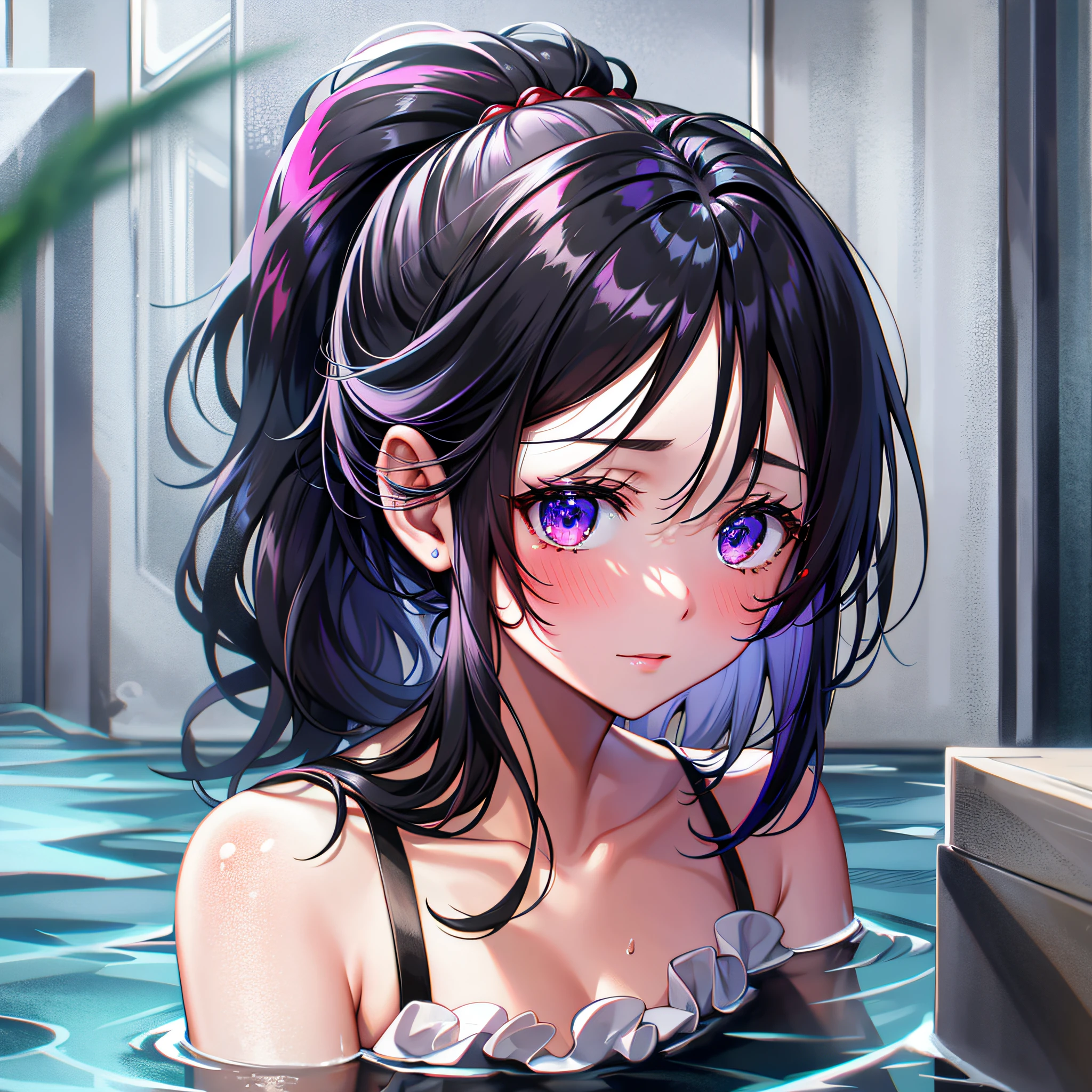 Single ponytail, black hair, royal sister, cute, water-stained, slightly red face, --auto --s2