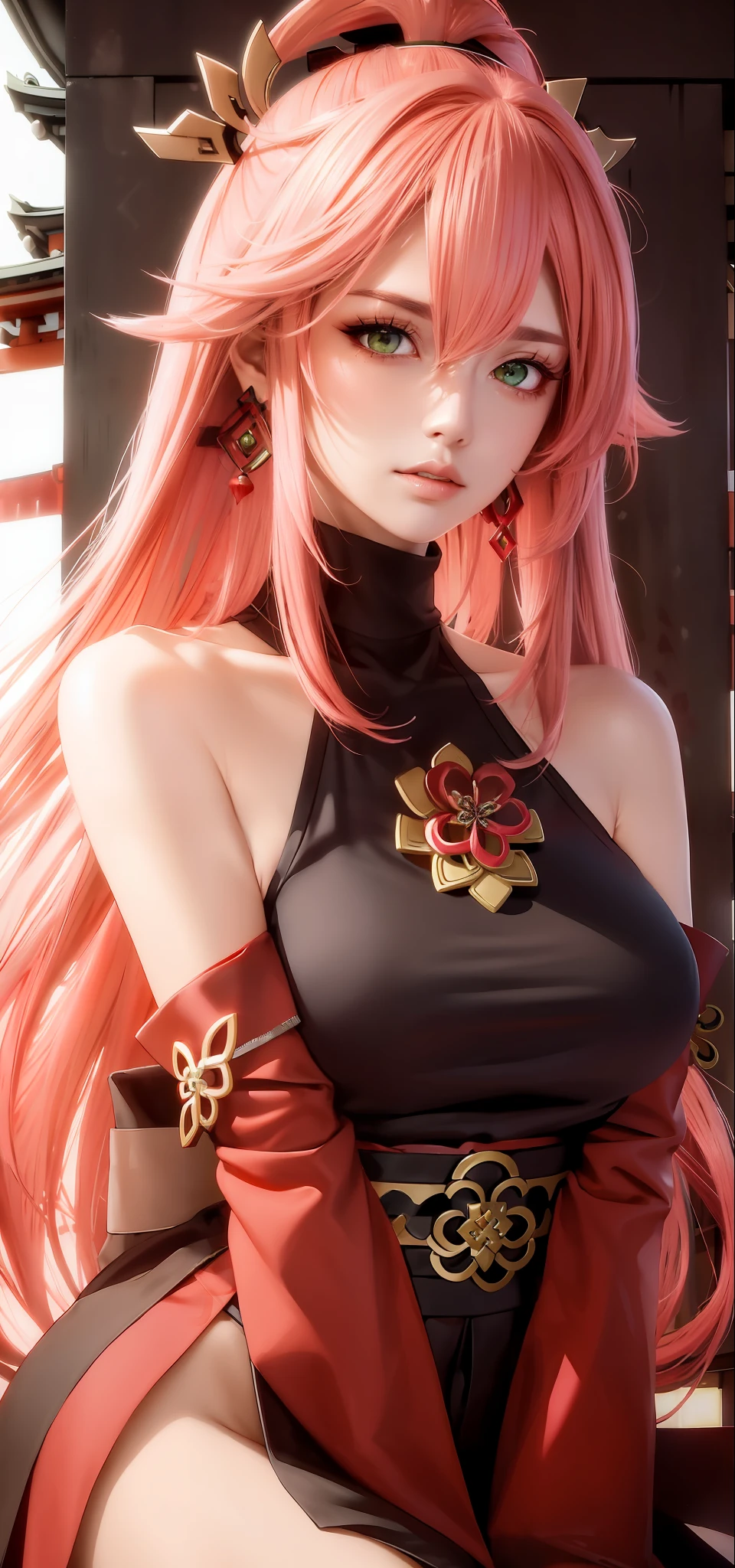 (Masterpiece, Excellent, 1girl, solo, complex details, color difference), realism, ((medium breath)), off-the-shoulders, big breasts, sexy, Yae Miko, long pink hair, red headdress, red highlight, hair above one eye, green eyes, earrings, sharp eyes, perfectly symmetrical figure, choker, neon shirt, open jacket, turtleneck sweater, against the wall, brick wall, graffiti, dim lighting, alley, looking at the audience, ((mean, seductive, charming)), ((cherry blossom background ))),((Japanese temple background)))), (((Glow-in-the-dark background)))