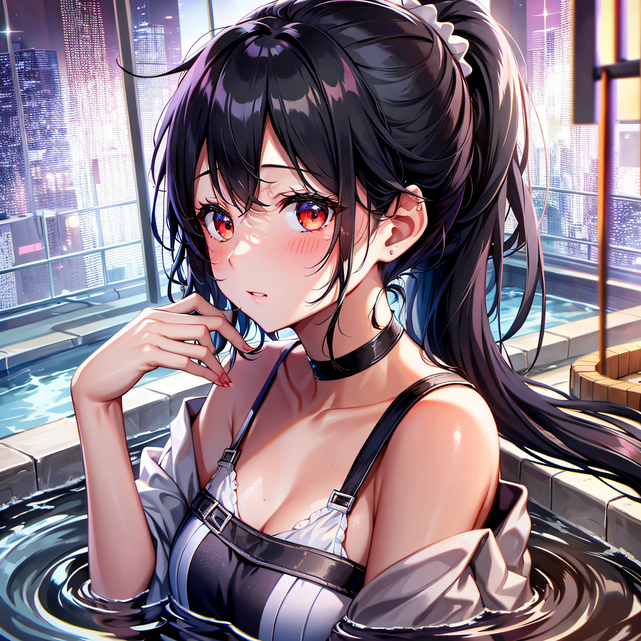 Single ponytail, black hair, royal sister, cute, water-stained, slightly red face, --auto --s2