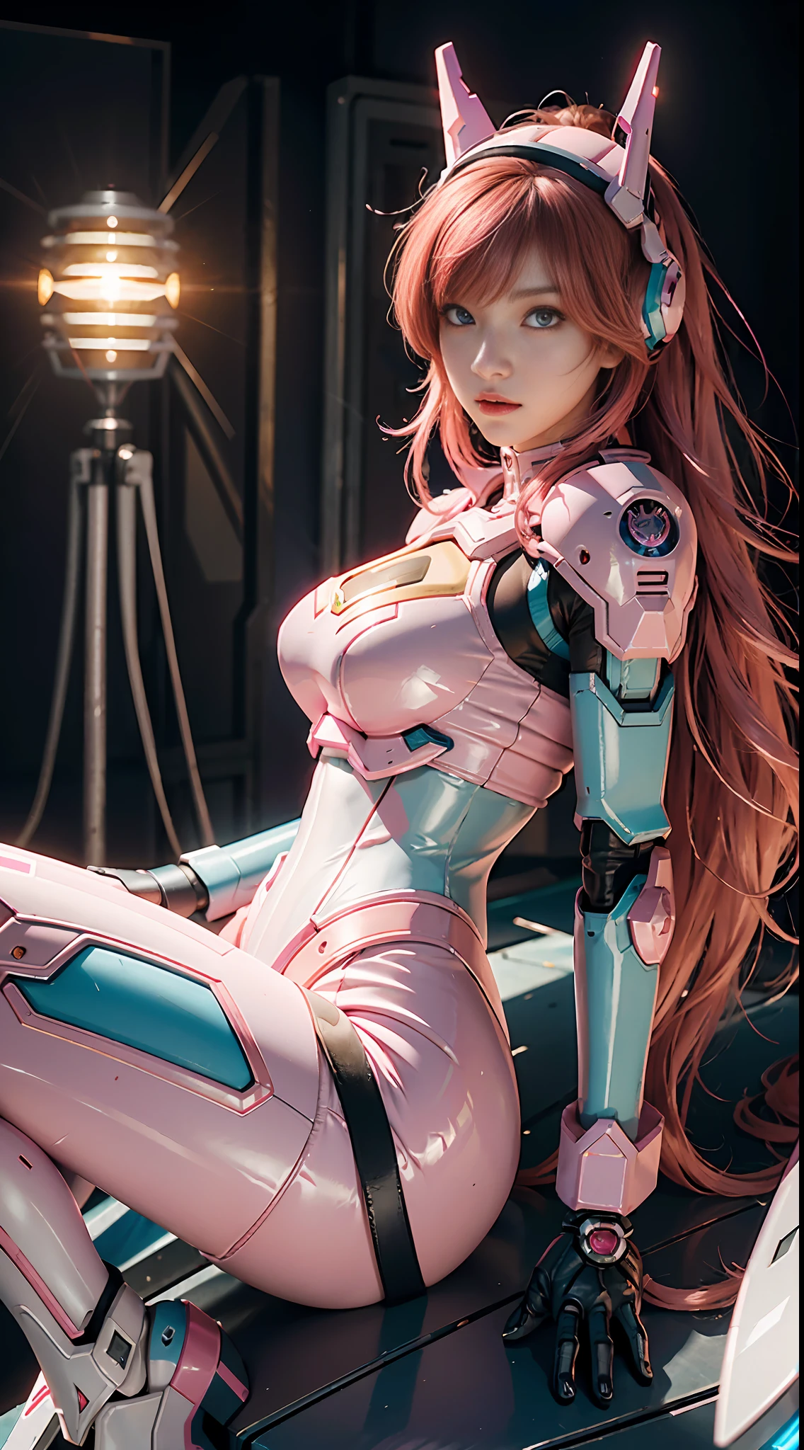 RAW, Masterpiece, Ultra Fine Photo,, Best Quality, Ultra High Resolution, Photorealistic, Sunlight, Full Body Portrait, Stunningly Beautiful,, Dynamic Poses, Delicate Face, Vibrant Eyes, (Side View) a close up of a woman in a pink and white gundam custume, dybamic pose, Short pink hair, girl in mecha cyber armor, portrait armored astronaut girl, d. va from overwatch, female mecha, on a gundam, gundam head, chiho aoshima color scheme, mobile suit, streamlined pink armor, fully robotic!! girl, realistic cosplay, gundam armor (dynamic pose) (best cameraview)