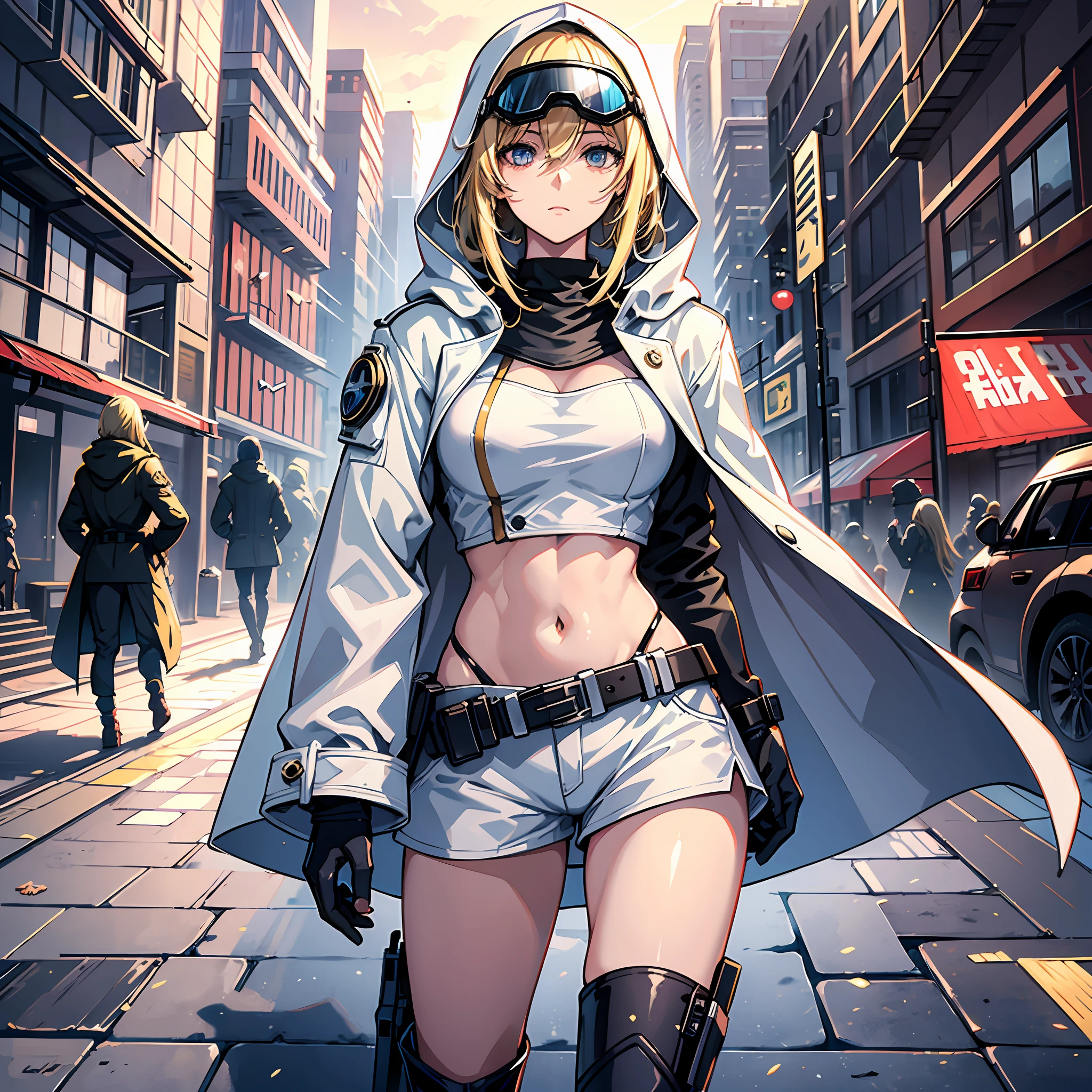 Silent dusk city background, single full body standing painting, simple protection, white translucent hooded trench coat, crop navel, hot pants, leg decoration, windproof goggles, bright blonde eyes, blonde hair, gun master, horse girl, heroic royal sister, kind and friendly big sister next door, reliable mature woman, trustworthy comrades-in-arms, ark of tomorrow, best quality, high resolution, best quality, high quality, detailed key anime art, best anime, 8k --auto --s2