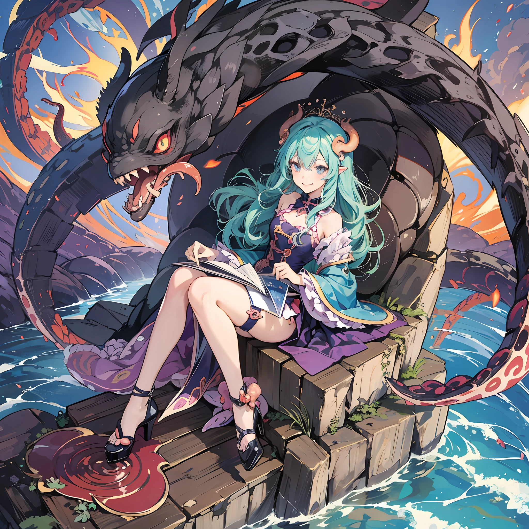 An anime girl sitting on a ledge with a bunch of demonic creatures, tentacles around and fine details. Anime. tentacles, anime monster girl, tentacle covered, demon anime girl, tentacle-shaped tongue, kawashi, seductive anime girl