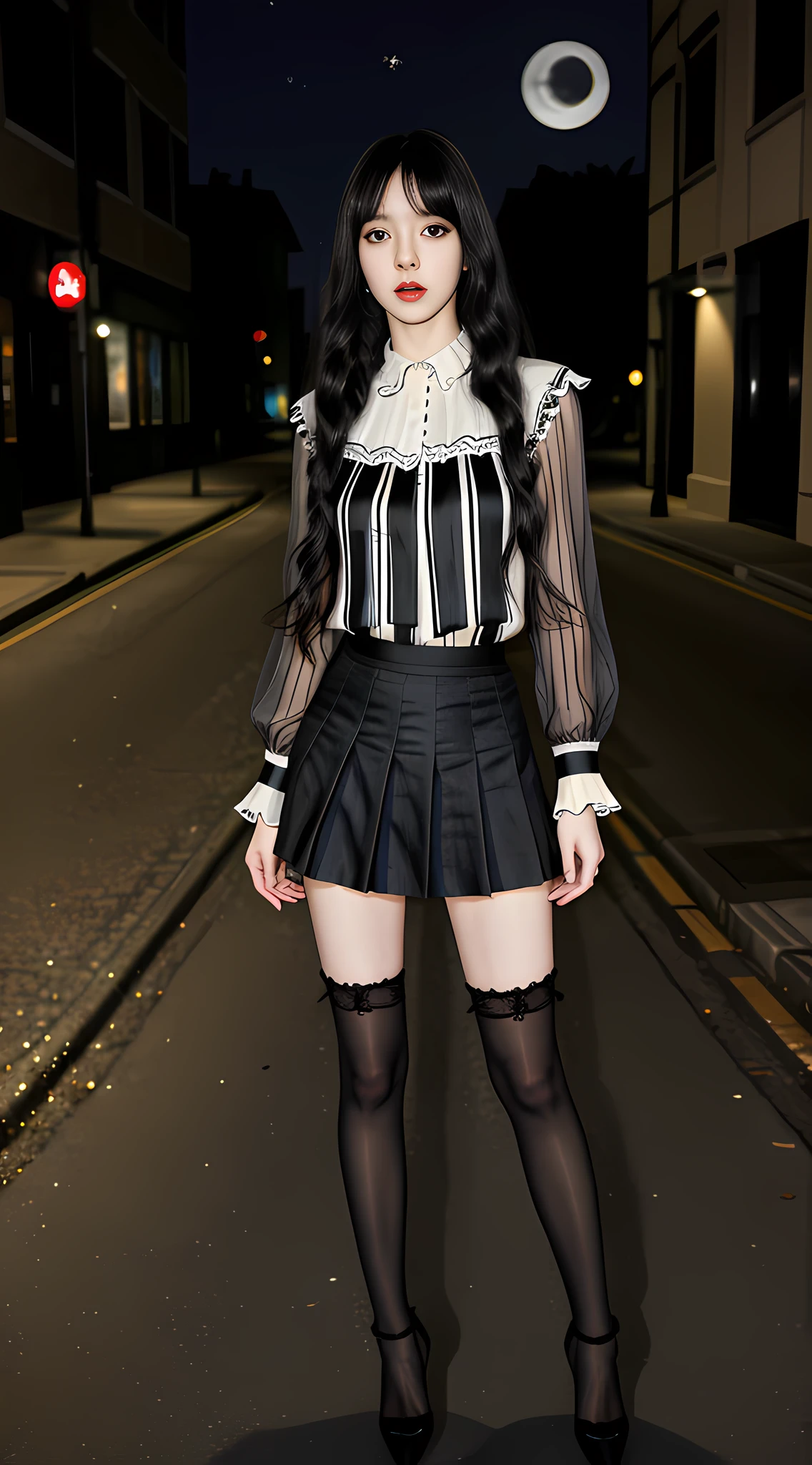 (at night:1.4), dark street, RAW, (best quality) (masterpiece), (intricate details), 1girl, (full body:1.4), pale skin, black hair, long hair, curly hair, bangs, looking at viewer,  (blouse, pleated skirt), stockings, high heels, (ulzzang-6500-v1.1:0.3),