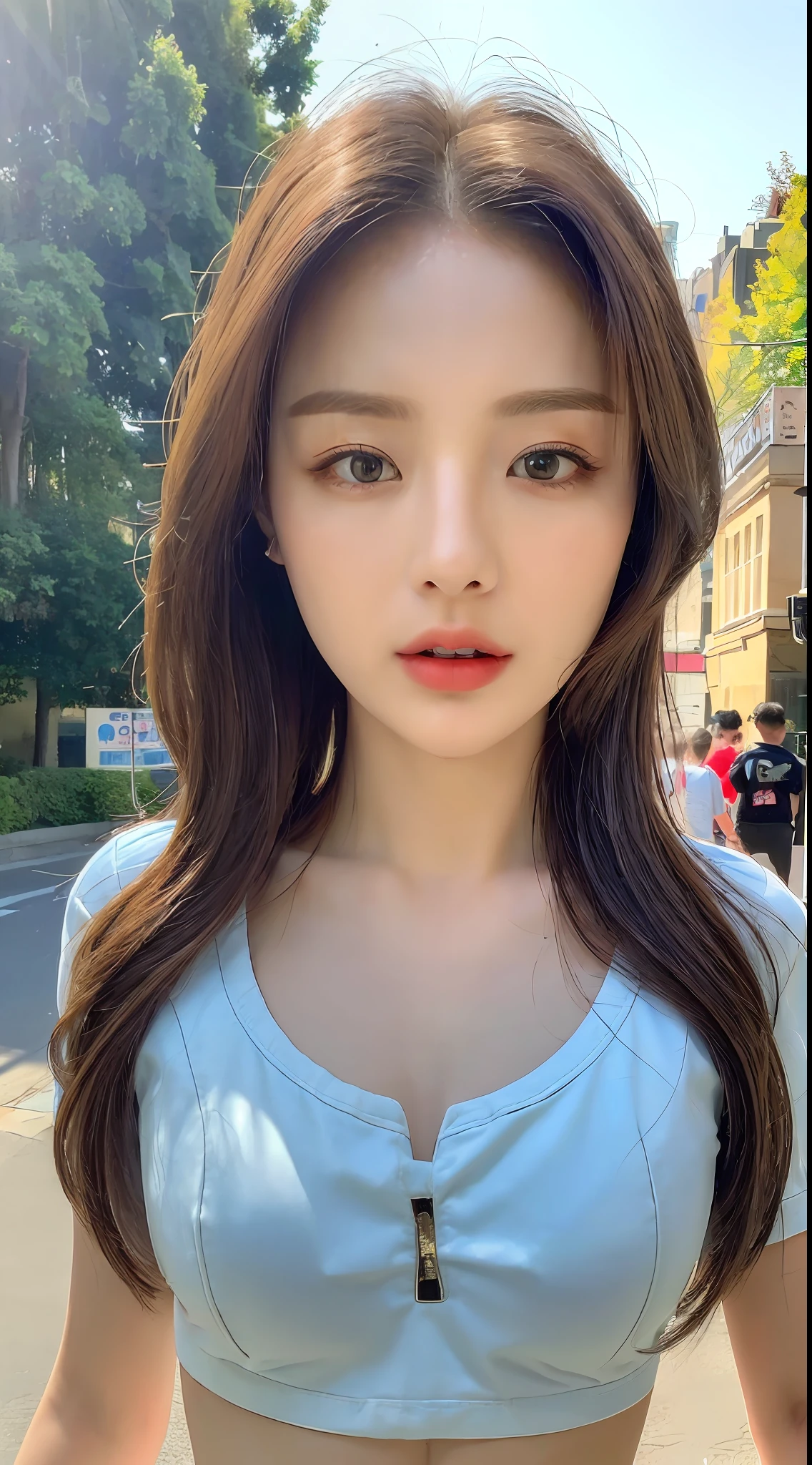 ((Best Quality, 8k, Masterpiece:1.3)), Focus:1.2, Perfect Body Beauty:1.4, Buttocks:1.2, ((Normal Chest:1.2)), (Street:1.3), T-shirt:1.1, Highly detailed face and skin texture, Fine eyes, Double eyelids, Whitening skin, Long hair, (Shut up: 1.3),