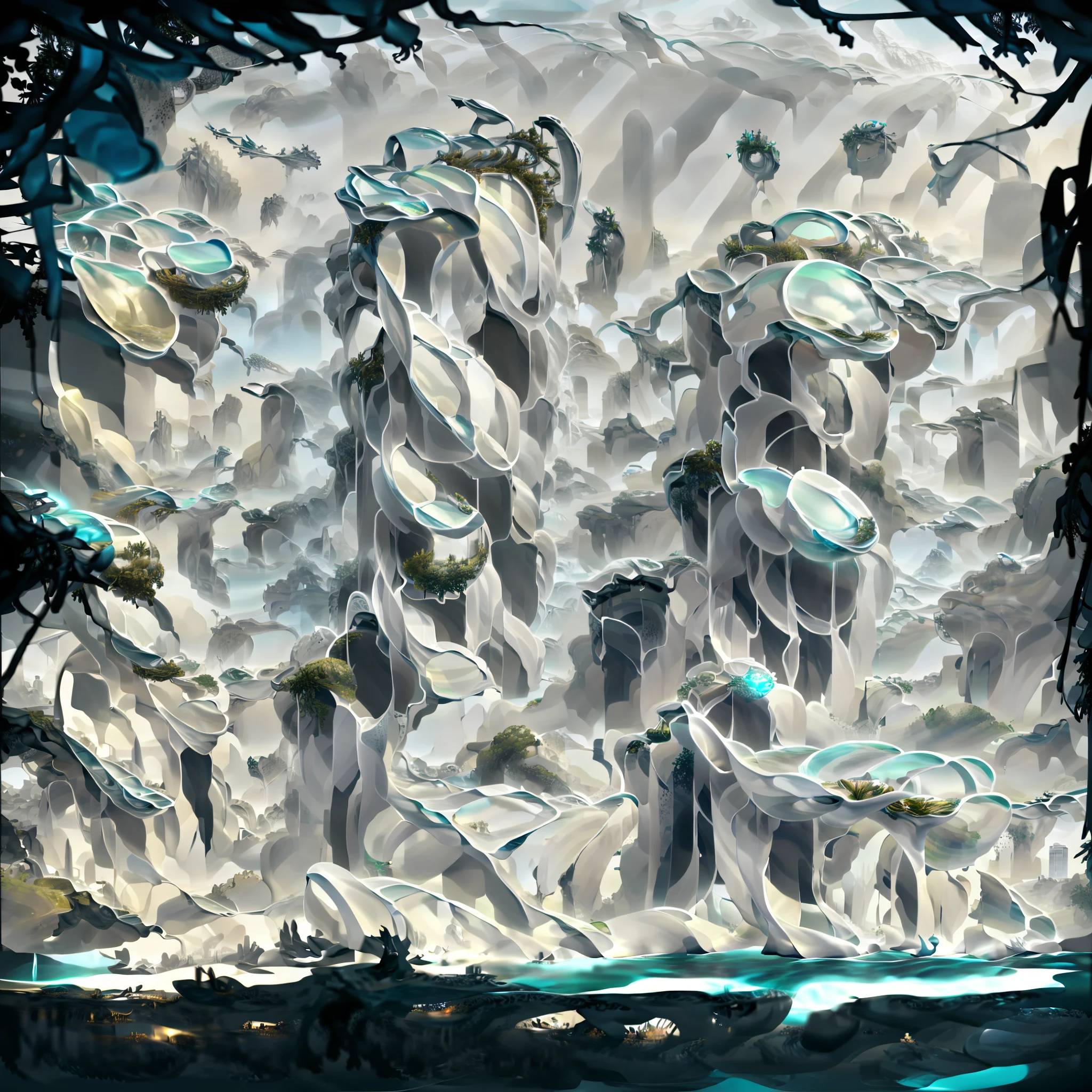 Airbrush drawing --v 5.1 style Futuristic design of an awesome sunny day environment concept art on a futuristic terrain with huge waterfalls,streams, mangroves,nature architecture, proportional,detailed,bright clouds, nature meets futuristic architecture by Santiago Calatrava and Vincent Callebaut with futuristic development, high rise made up staircases, balconies, full of composite glass facades, residential spaces carved from cliff side ,trending on artstation, beautiful lighting,In the style , fantasy, intricate, award winning, 4k, highest quality