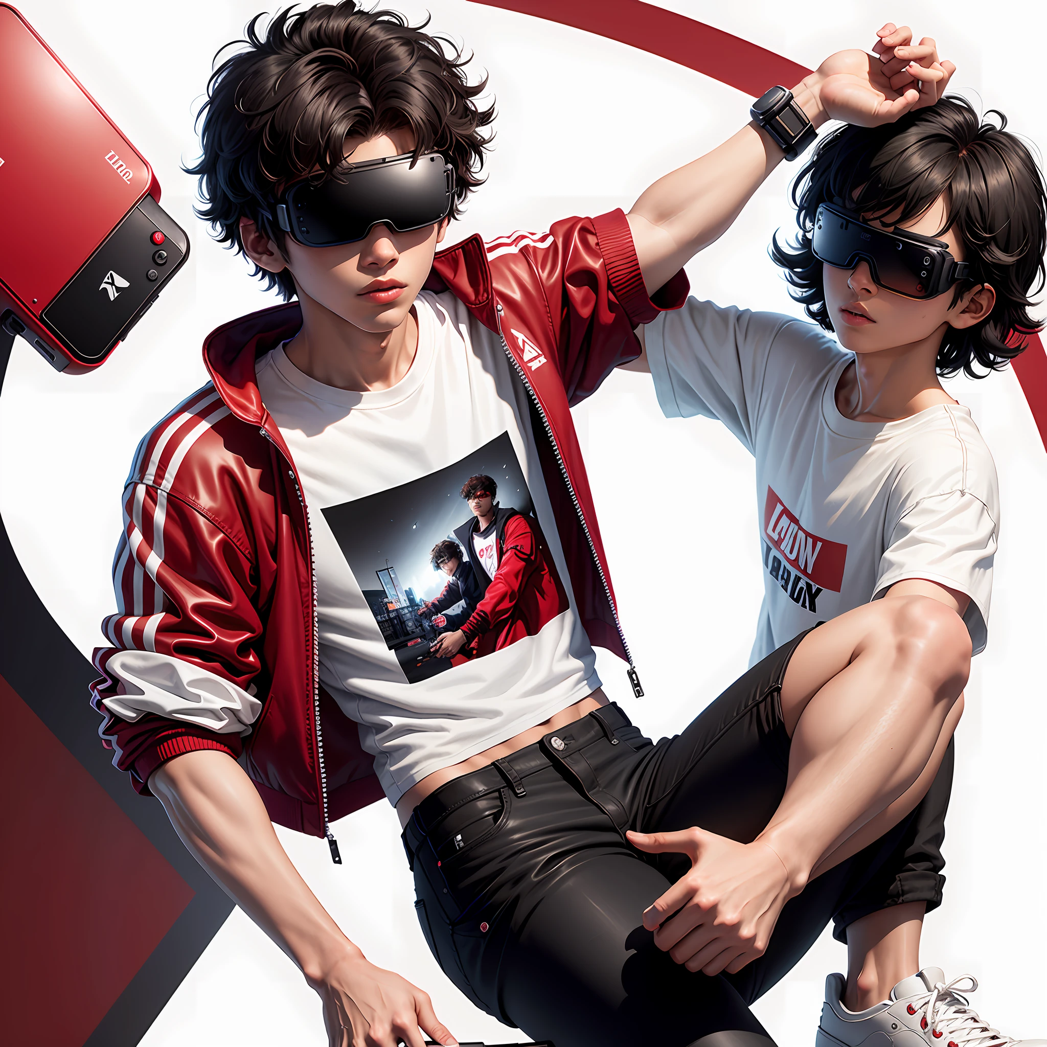 Character, 18 years old, short haired, black, wearing VR glasses, wearing red jacket, white T-shirt, black pants and sneakers with black, white and red details, holding an Xbox controller floating over his hand;