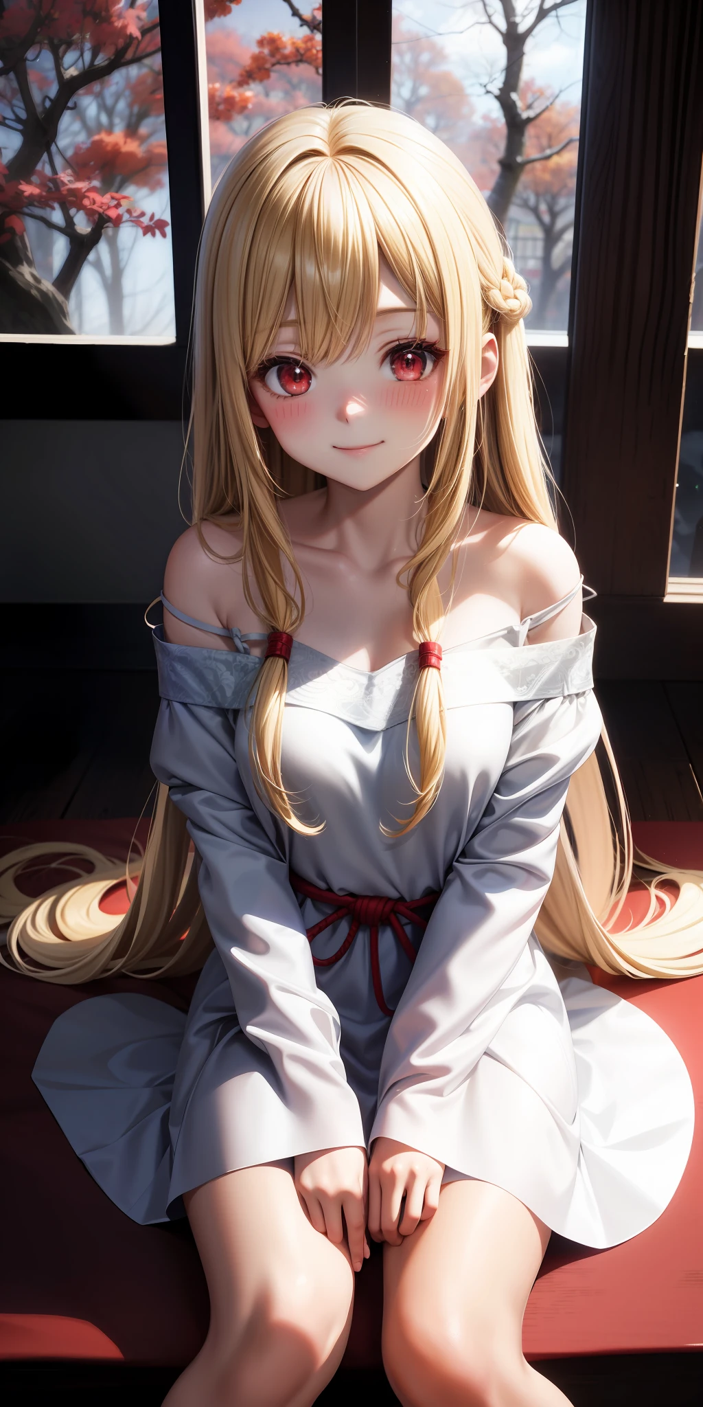 anime, single girl, blonde, long hair, red eyes, upward eyes, blush, japanese room, sitting, white dress, off shoulder, woods, smiling