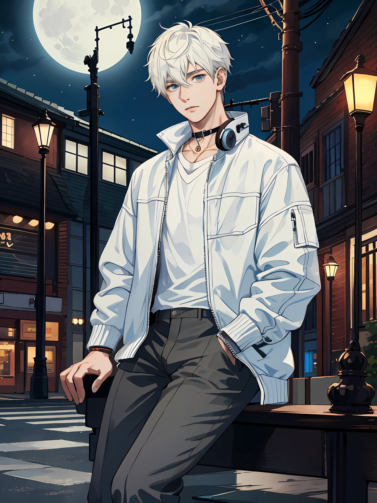 masterpiece, best quality,1boy, eye focus,,beautiful eyes,looking at viewer, expressionless, open jacket, white shirt,sitting, cityscape, night, big moon,lamppost, street wear,headphones, black choker, necklace,