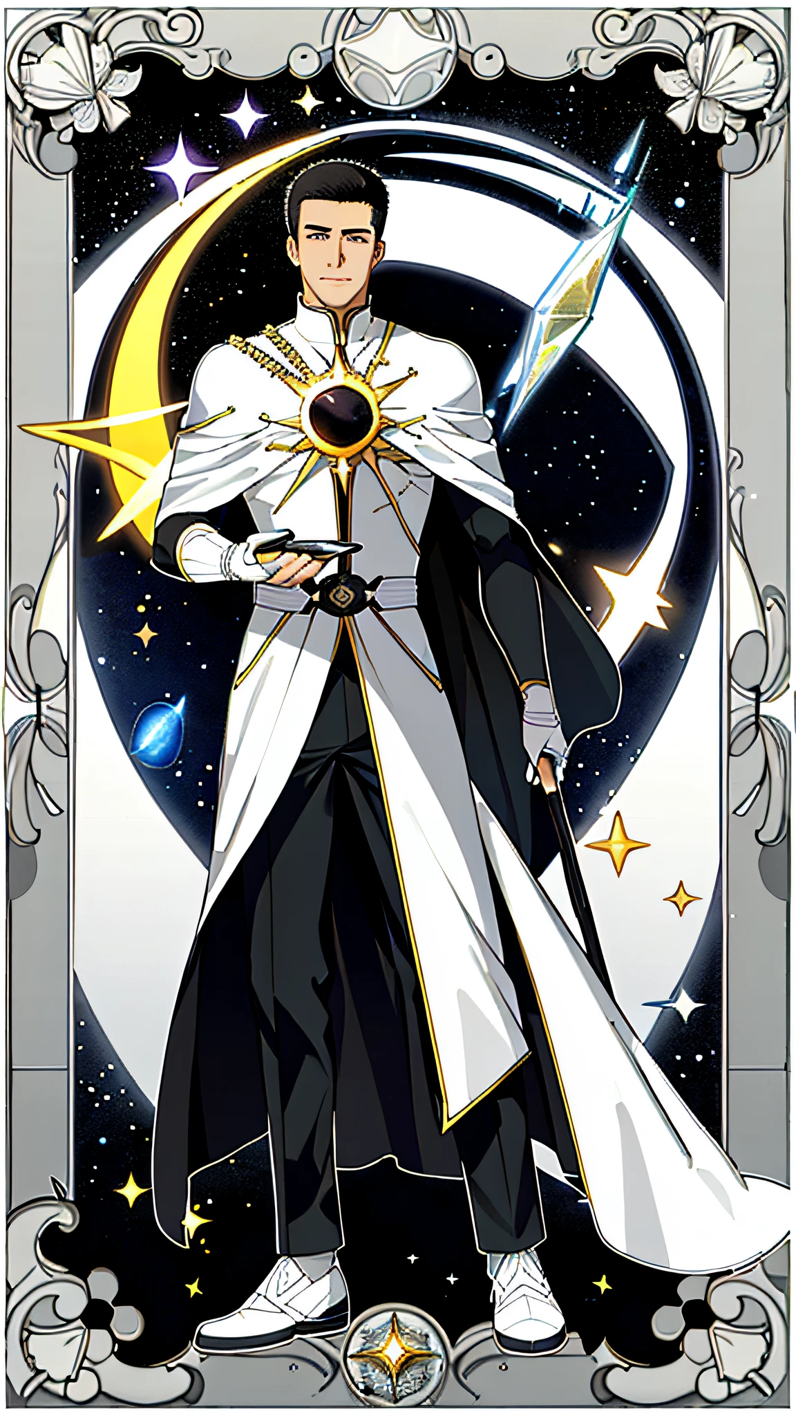 masterpiece, best quality, full body, card, 1 man, eclipse, space, galaxy, short hair, black hair, brush cut, standing, black and white, sun, moon, white, buzz cut, bara, muscle, god, divine, cape, halo, center, best pose, etherious, crystal,man, power, magic
