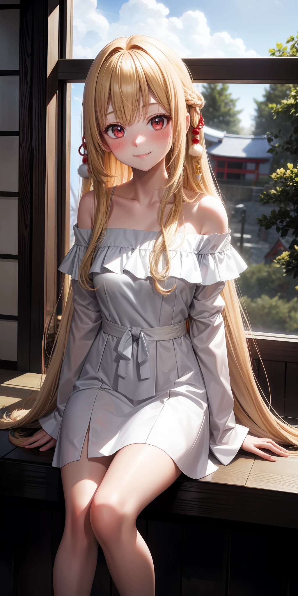 anime, single girl, blonde, long hair, red eyes, upward eyes, blush, japanese room, sitting, white dress, off shoulder, woods, smiling