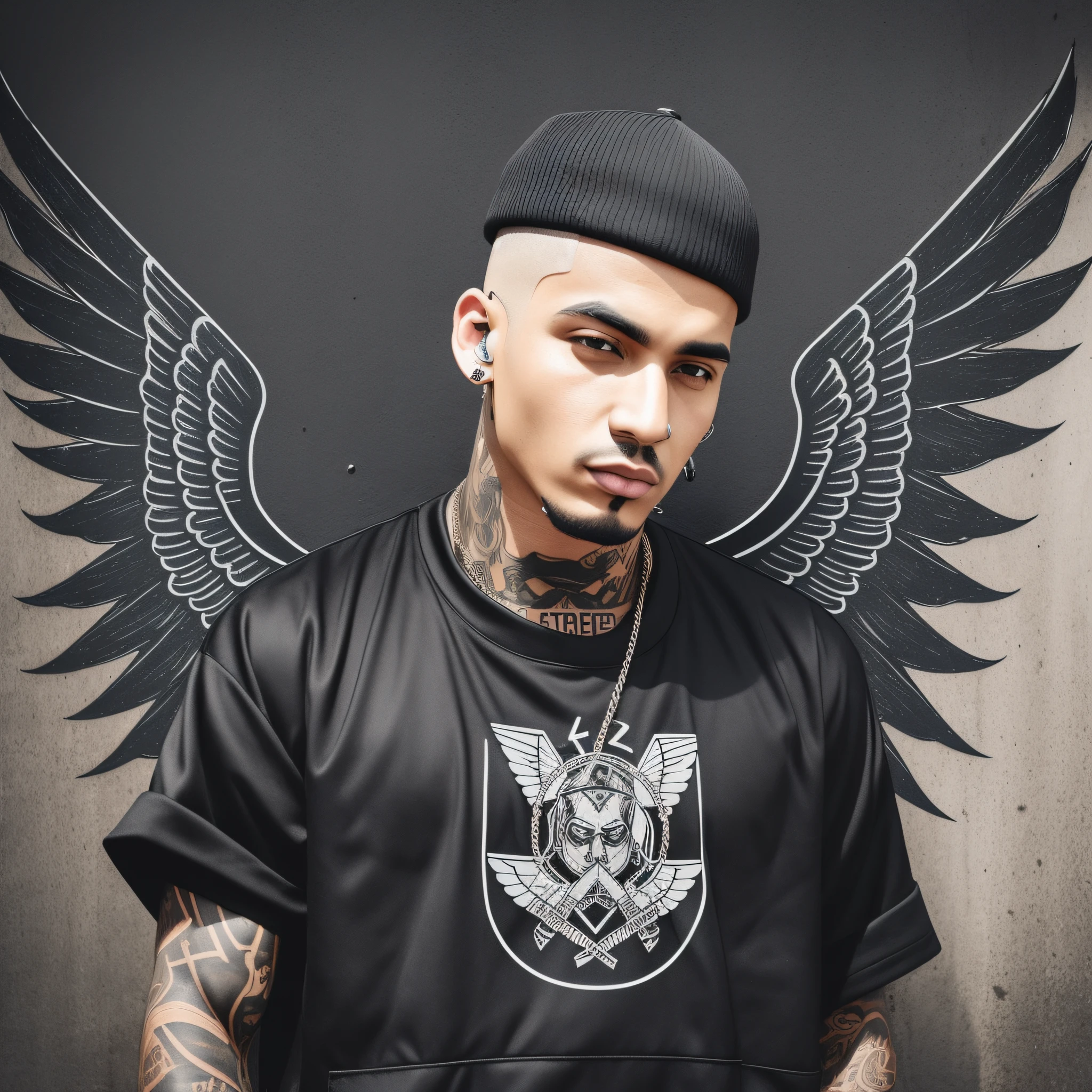 man with black shaved hair,streetwear style, rap style, with wings, man without tattoo --auto --s2