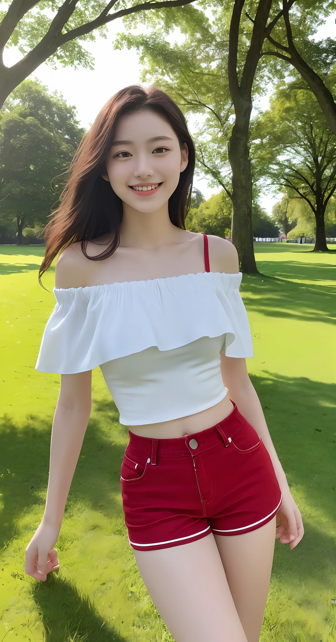 Top quality, masterpiece, ultra high resolution, (photorealistic: 1.4), 1 girl, (smile: 0.1), shoulders, attractive, looking at camera, 15 years old, long hair, white off-shoulder, red shorts, in the park