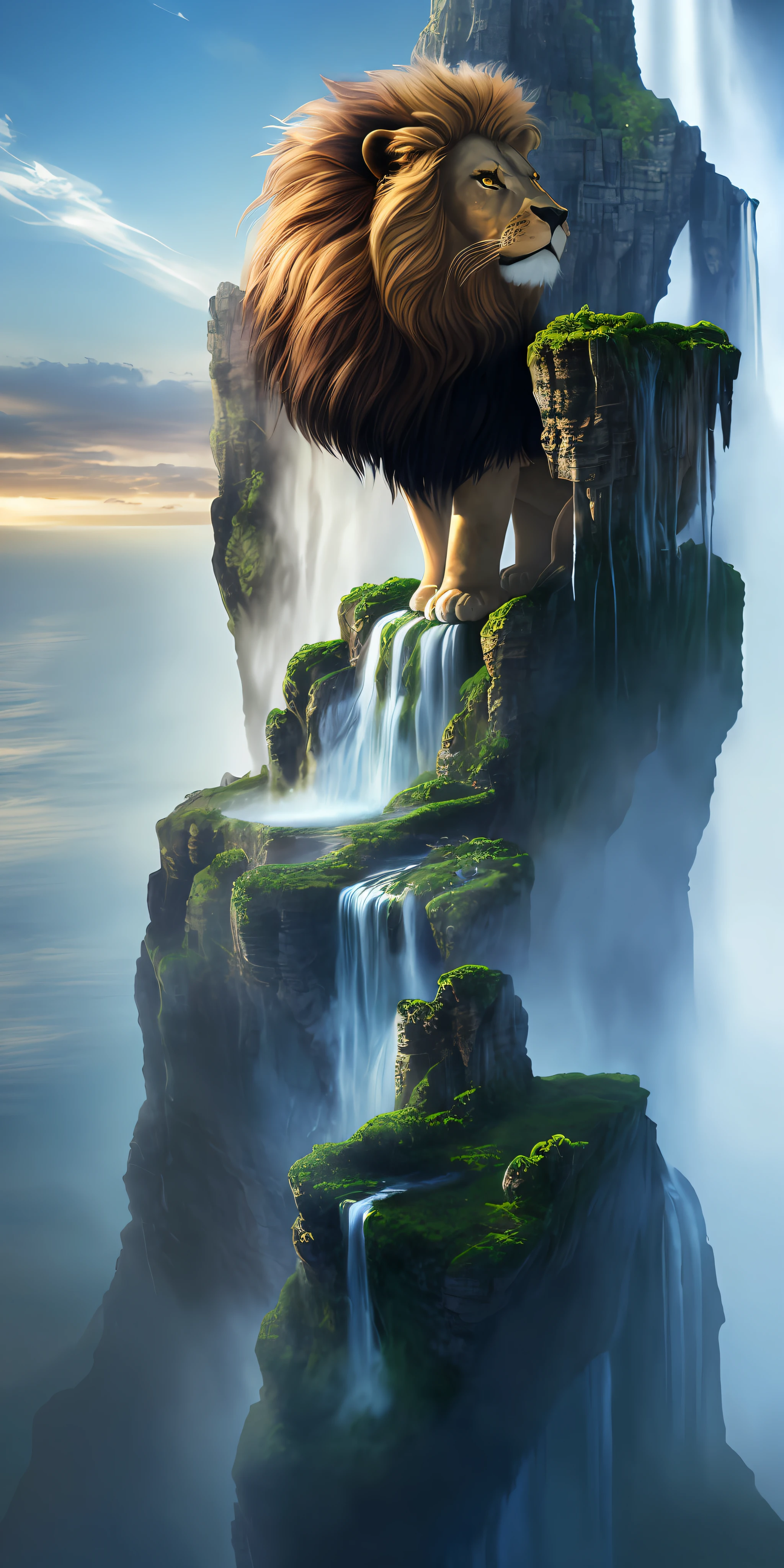 ((lion's head on top of a cliff with a waterfall (mane melting the water of the waterfall)))), fantasy matte painting, beautiful, 3 d render and matte painting, matte painting in fantasy style, 3d rendered matte painting, illustration matte painting, 4k matte painting, 4k fantasy art, majestic matte painting, realistic fantasy render, epic matte painting of an island, fantasy art behance