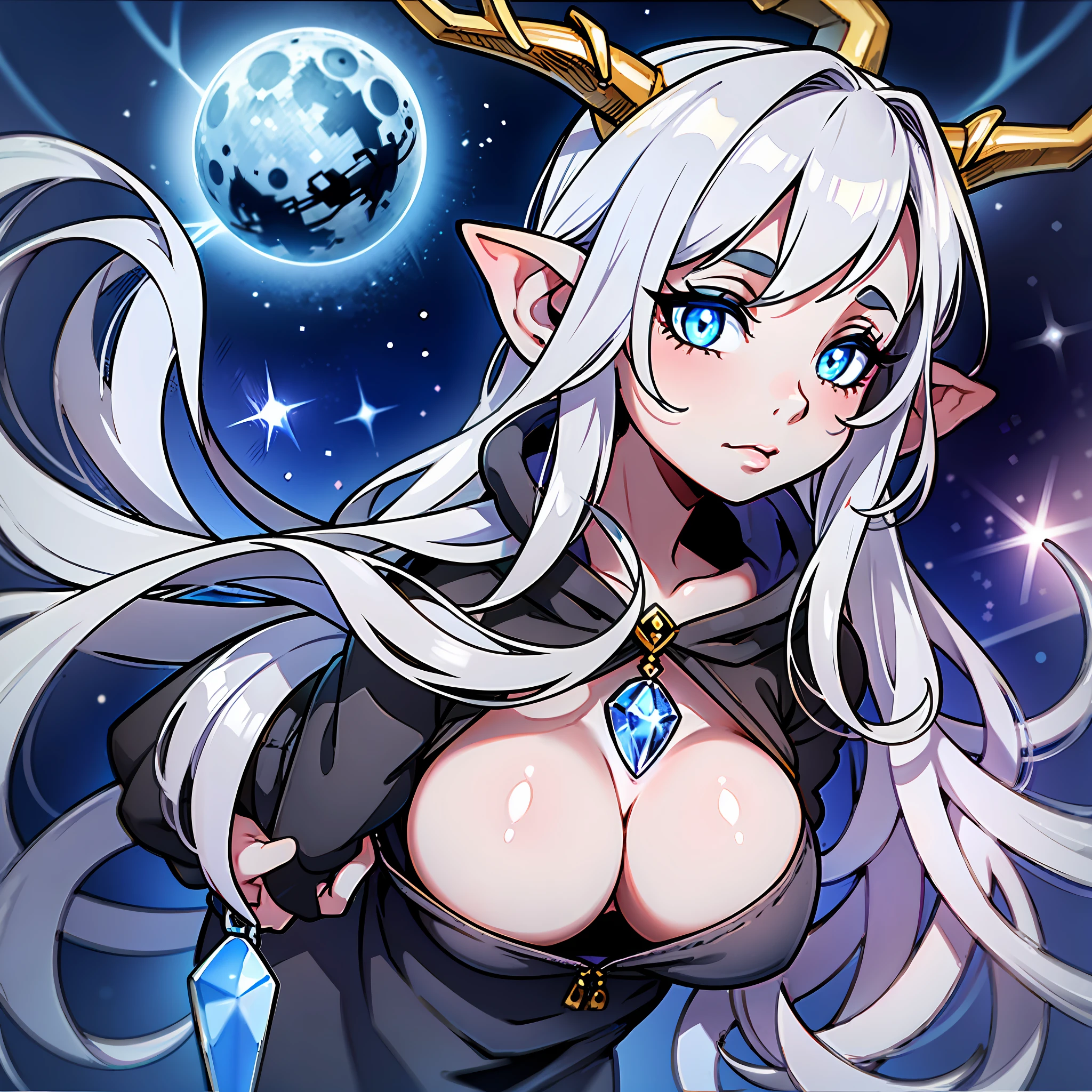 Elf ears, pointed ears, tight clothes, hood up, ((hood with antlers)), Mysterious, Enigmatic, Otherworldly, Solitary, Sage, Lunar being, Moonlight, Silver-white hair, Shimmering blue and silver ribbons, Moonlit night, Reflective eyes, Deep wisdom, Melancholy, Slender, Graceful, Pale luminescence, Moonlight glow, Silver-white hair, Shimmering blue and silver ribbons, Reflective eyes, Silvery-blue glow, Moonlit night, Flowing gown, Phases of the moon, Dark blue, Deep purple, Silver and gold celestial patterns, Stars, Moons, Constellations, High collar, Hood, Silver amulet, Delicate chain, lantern, Moon, Gentle source of light, Silver rings, Moonstones, 1girl, ((simple background)), ((colored background)), wide hips, full body, ((pin up)), ((big butt)), ((big eyes)), ((naked hoodie)), ((colored skin)),
