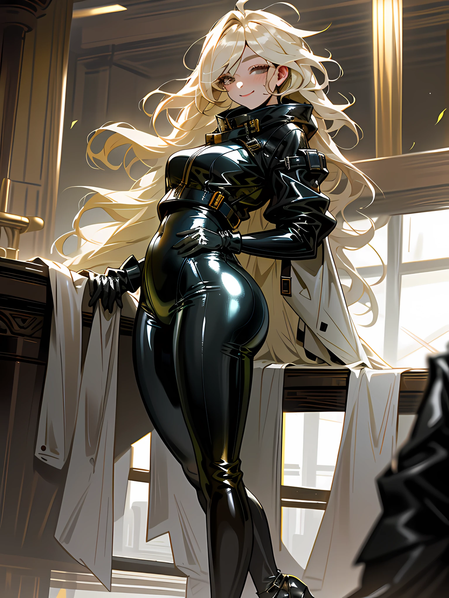 a young girl,beauty,tight latex clothing,masterpiece,busty breasts,plump buttocks,blonde messy long hair,girlish,shiny eyes,bright smile,slim,shiny high heels,panoramic,focus on lower body,leather gloves,straight nose,in the dark torture room,beautiful girl,Sexy,sense of reality,8k,high definition,high quality,