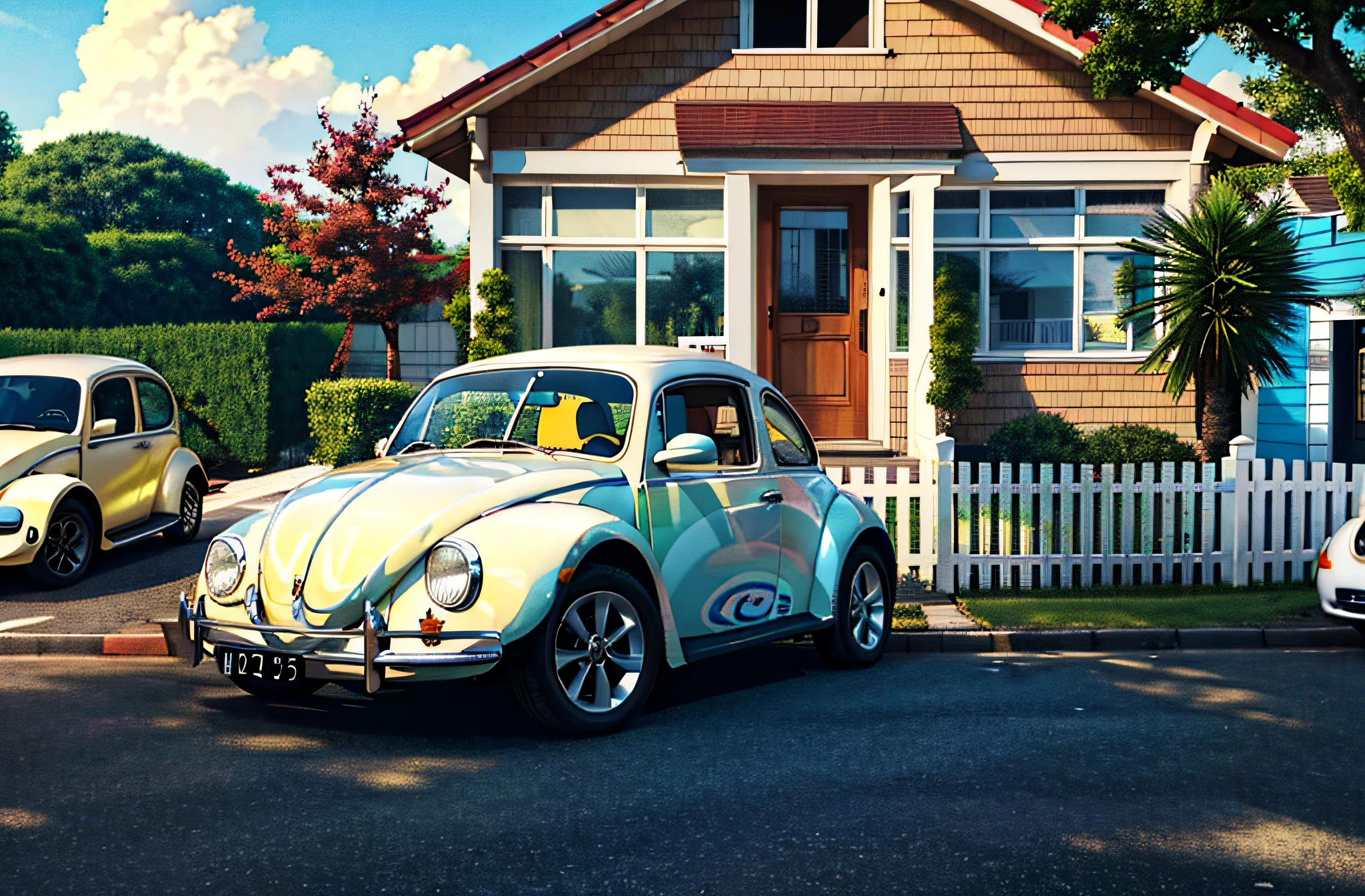 A small white car is parked in front of the house, beetle, front of the garage, vintage car, traditional drawing style, line art illustration, illustration, illustration line art style, exciting illustration, an illustration, thick line drawing, line sketch, drawing style, whole page illustration, textbook illustration in mono, line-drawing