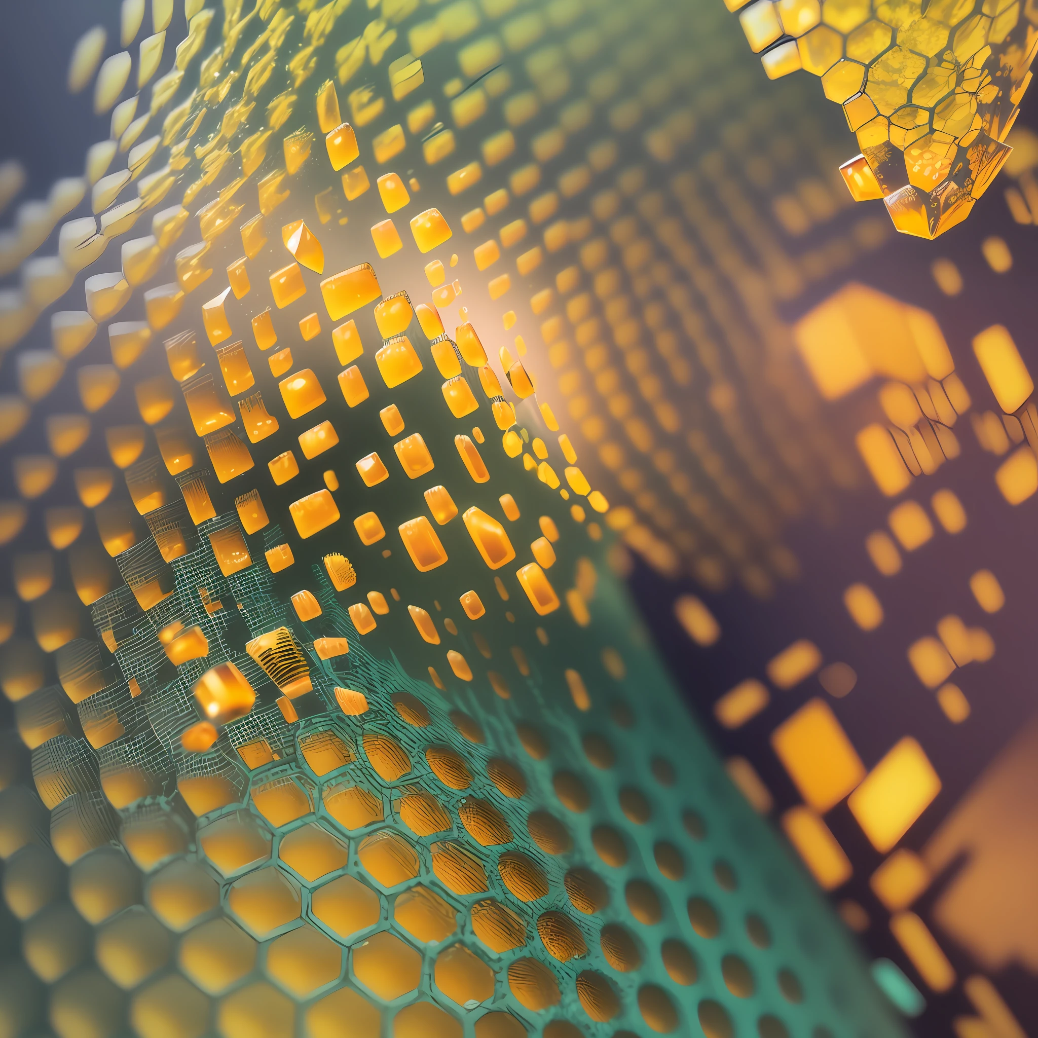 Computer Visualized Graphics, Realistic Fantasy, Extensive Landscape Ultrasound Photography (general view showing glass glass, honeycomb, honeydew, small and large, dune, matrix), blurred background, colorful, bright, yellow, orange, honey, purple background, pink, warm, magic