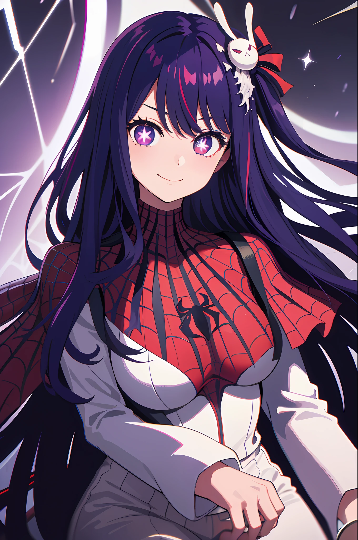 (masterpiece, highest quality), ((1 girl, (), Ai Hoshino,), (purple hair, long-haired, striped hair, beautiful hair, hair ornament), (purple eyes, star-shaped pupil, +_+, symbol shaped_pupils, sparkling_eyes, beautiful eyes, eye highlights, sharp eyes), (viewer watches, slight smile, off the shoulders)), (high resolution, chromatic aberration), (Spider-Man), ( Spider-Man costume), bodysuit, spider, spider thread, spider web