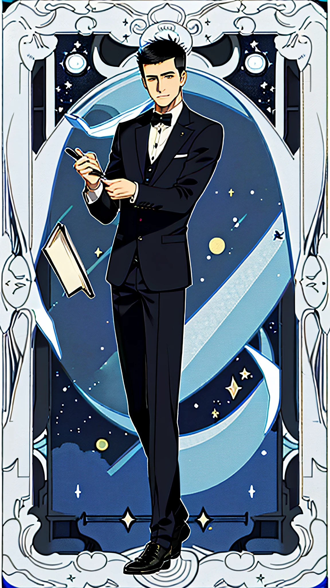 masterpiece, best quality, full body, card, 1 man, the moon, calm, clever, short hair, black hair, brush cut, standing, blue, night sky, purple, book, pen, buzz cut, black suit, royal, gentle, man, center, best pose