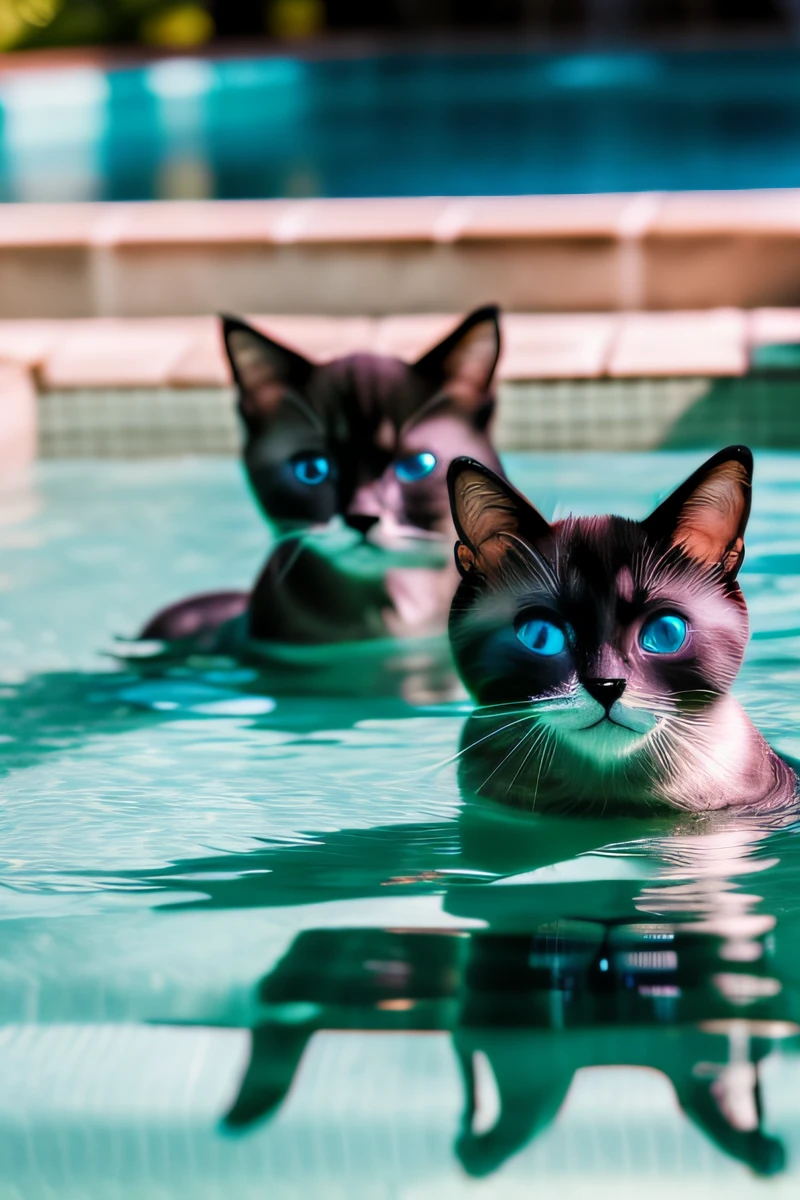 Hyper Quality,Cute two Siamese cats kitten,different colors,swimming in the pool,barking,narrow eyes,smile,eos r3 28mm