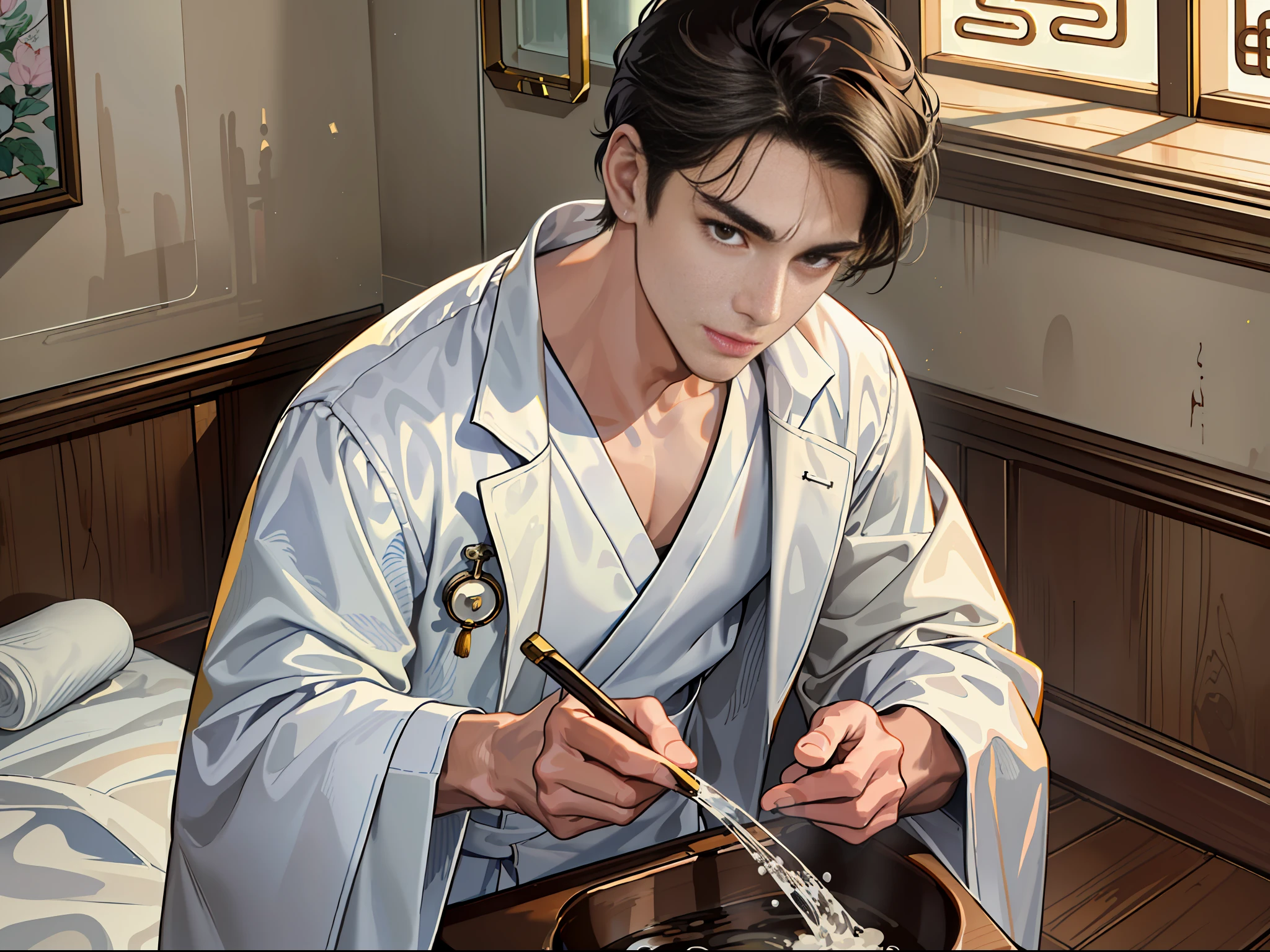 (ridiculous, high resolution, super detailed, realistic,), 1 male, soloist, 20 years old, tangled expression, carrying a basin of hot water, large basin, tall, extremely short hair, black hair, brown eyes, thick eyebrows, hospital room, doctor, white robe, white coat, room, ancient Chinese decoration style room, ancient Chinese style furniture