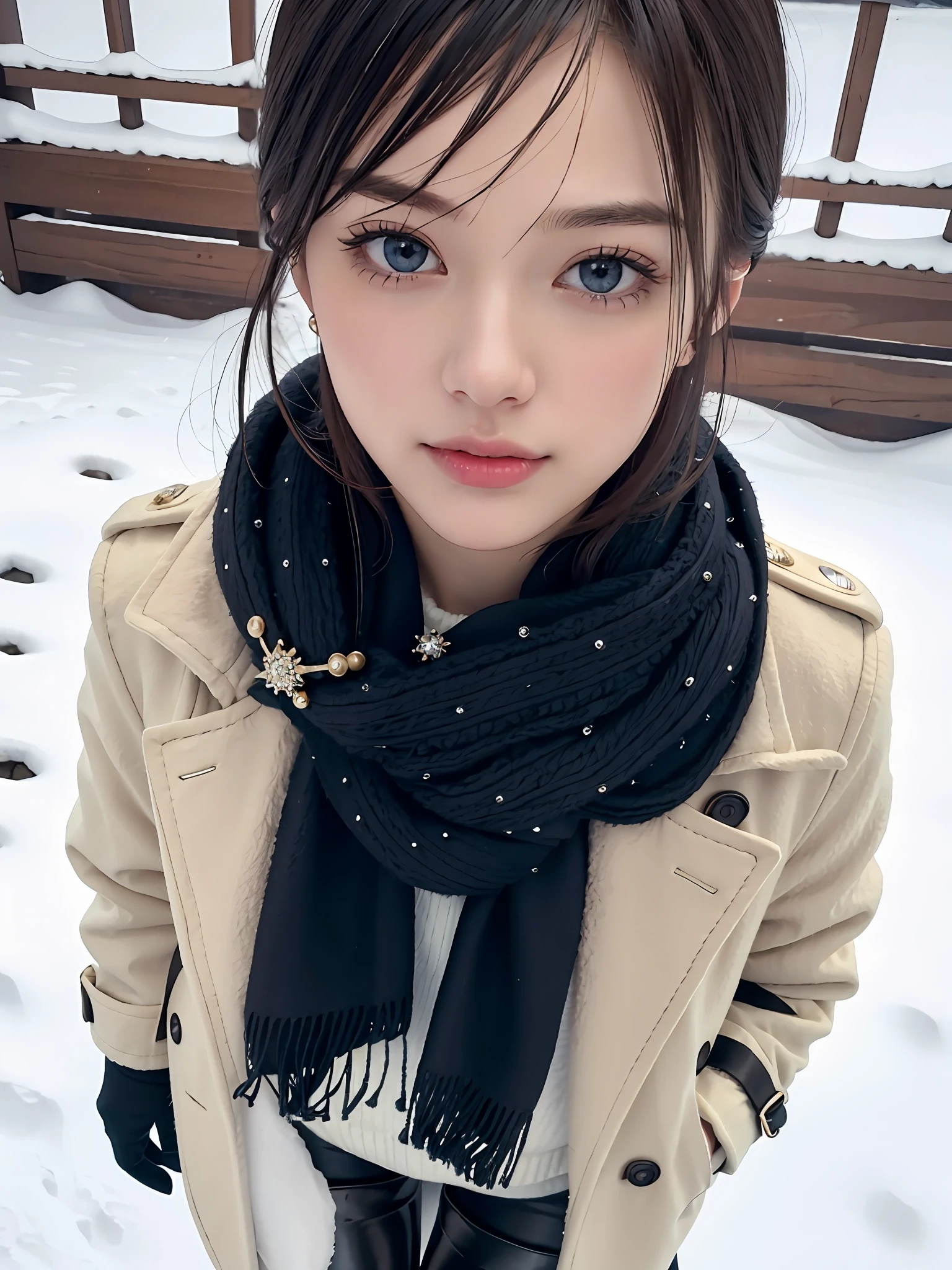 (Close-up: 1.4),
(RAW Photos: 1.2), (Photorealistic: 1.4), (Masterpiece: 1.3), (Best Quality: 1.4), Dreamy, (Detailed Eyes), (Detailed Facial Features), (Detailed Clothing Features), Skin Tightening, (Shiny Skin), (Slender Girl), (Slim Girl), 1 Girl, (Full Body)), Solo, Cute, Smry, (Middle Breast), Bangs, Straight Hair, Short hair, black hair, black eyes, crystal pendant, long blue scarf, white long wool coat, black thick pantyhose, brown snow boots, long neck
