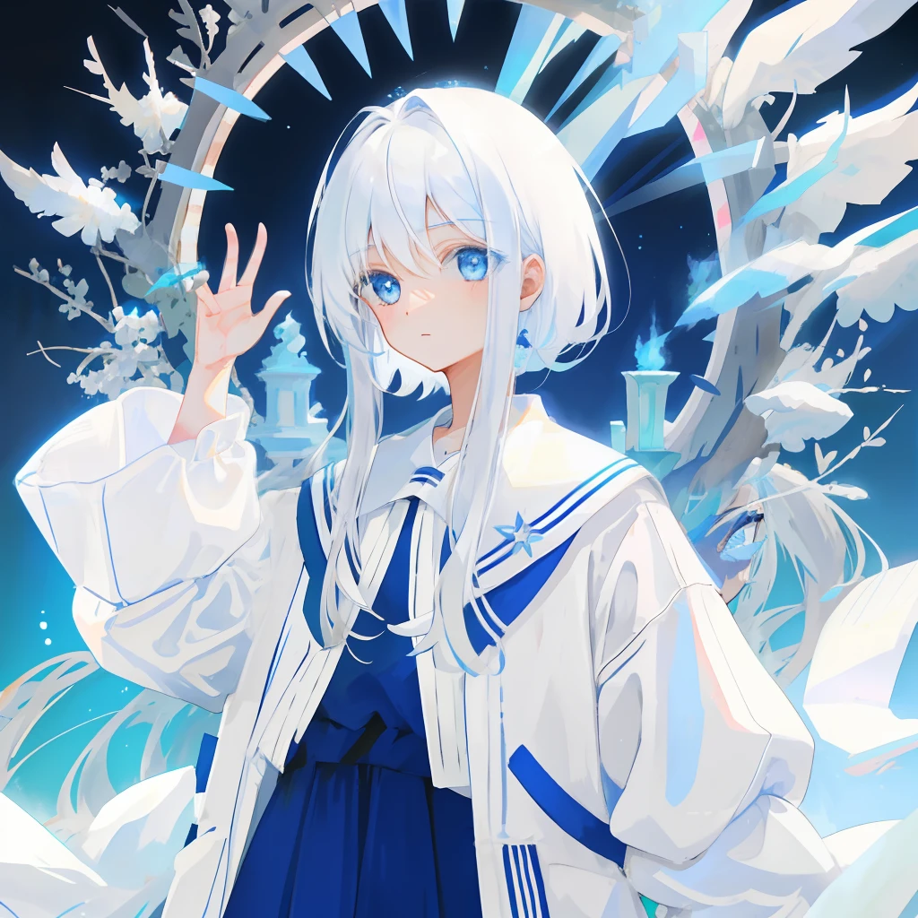 Female, white hair, blue eyes, white clothes, two-dimensional