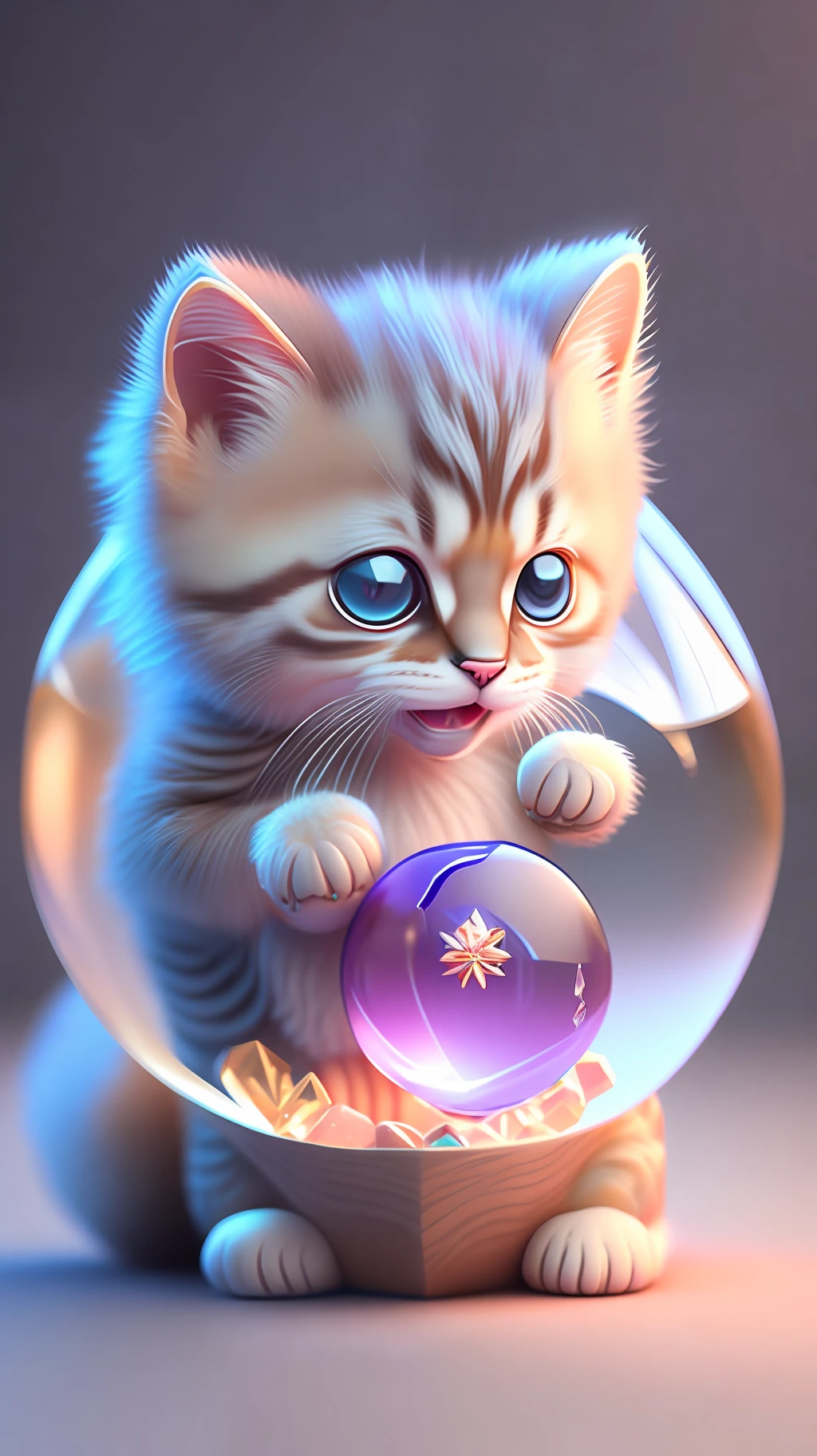 A cute kitten, made of a crystal ball, open mouth, laugh, Morandi color system, highly detailed complex concept art trend with low-poly eyes artstation 8k, laughing !!