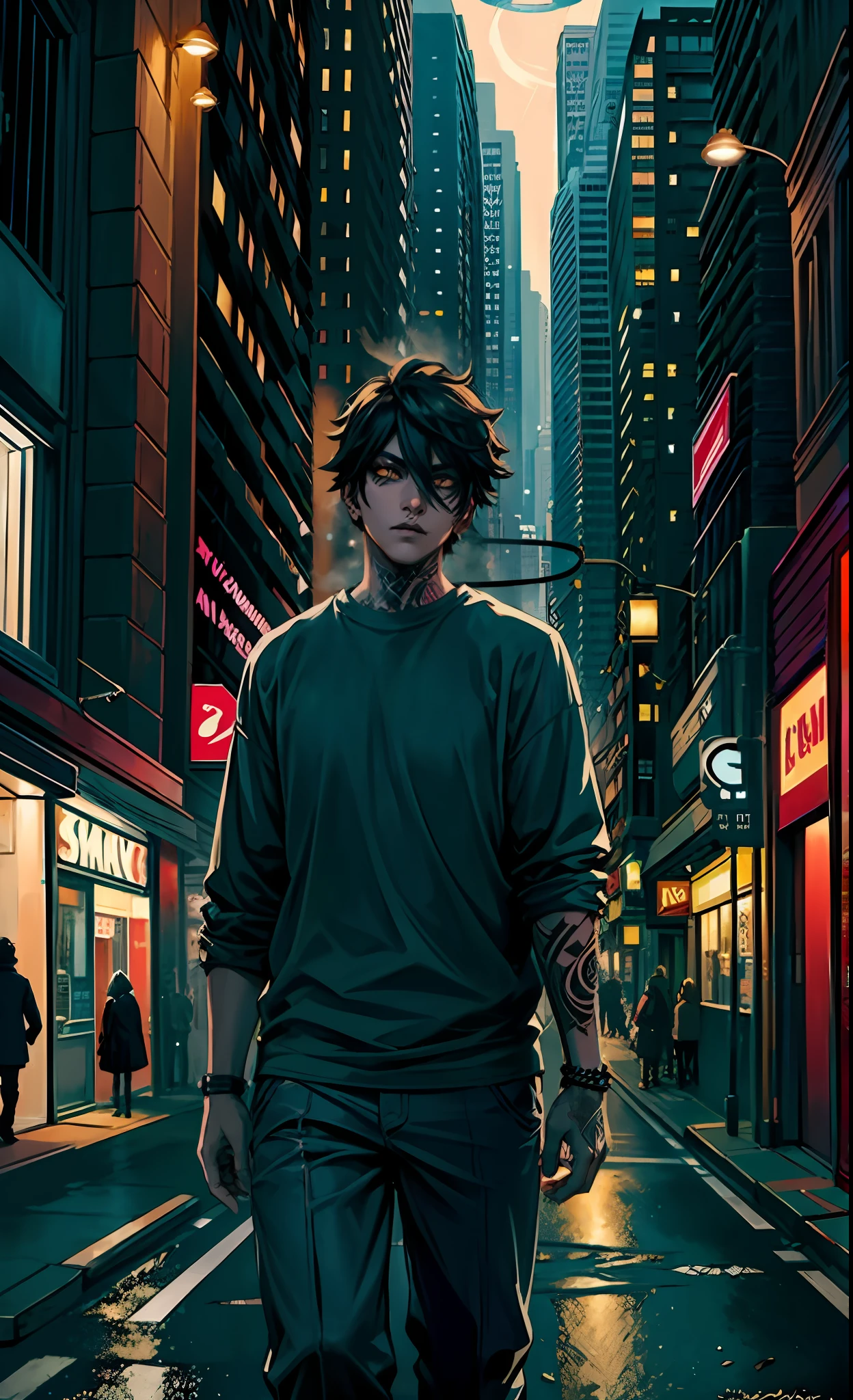 Creative inspiration: (1 man), (black tattoo: 1.2), (smoky makeup), (night city), (bustling street), (road perspective), halo effect