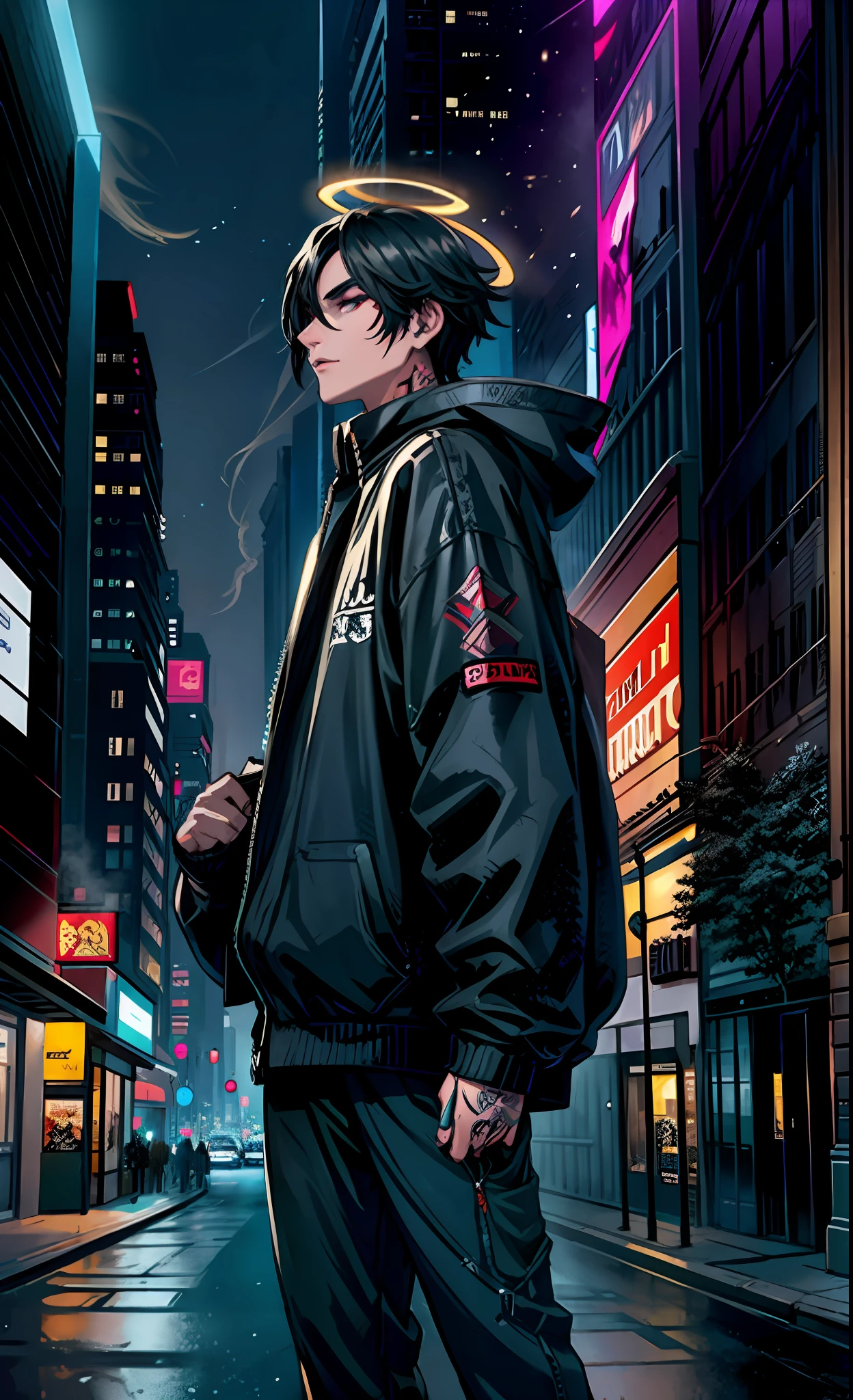 Creative inspiration: (1 man), (black tattoo: 1.2), (smoky makeup), (night city), (bustling street), (road perspective), halo effect