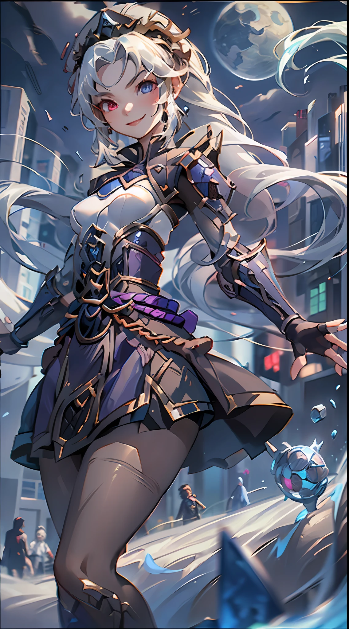 League of Legends, Zoe, 1 girl, heterochromia, heterochromia, short skirt, black dress, pantyhose, very long hair, fingerless gloves, smile, shut up, upper body, Porter trait, short stature