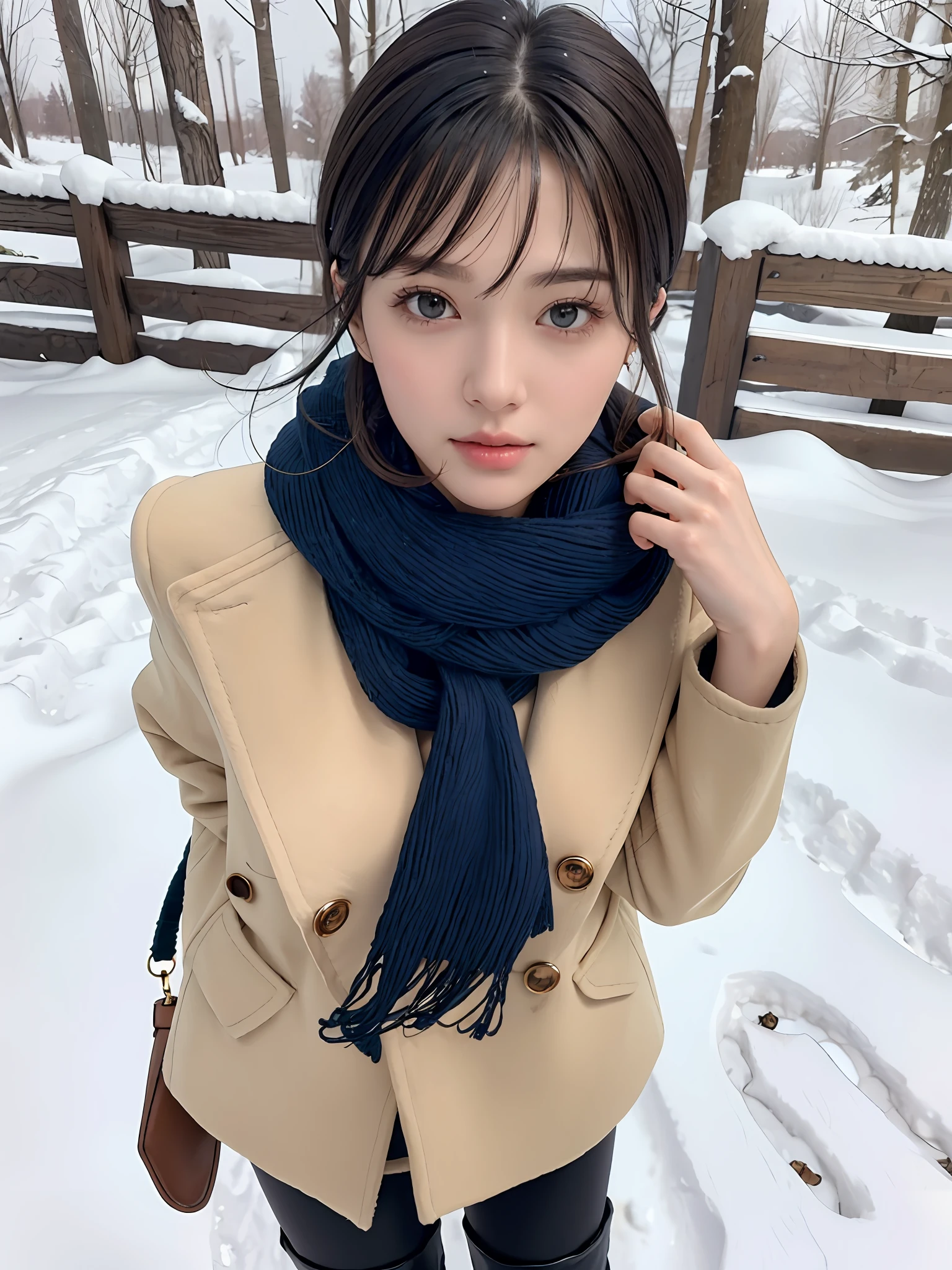 (Close-up: 1.4),
(RAW Photos: 1.2), (Photorealistic: 1.4), (Masterpiece: 1.3), (Best Quality: 1.4), Dreamy, (Detailed Eyes), (Detailed Facial Features), (Detailed Clothing Features), Skin Tightening, (Shiny Skin), (Slender Girl), (Slim Girl), 1 Girl, (Full Body)), Solo, Cute, Smry, (Middle Breast), Bangs, Straight Hair, Short hair, black hair, black eyes, crystal pendant, long blue scarf, white long wool coat, black thick pantyhose, brown snow boots, long neck, ears out, golden ratio high definition face, golden ratio high definition body