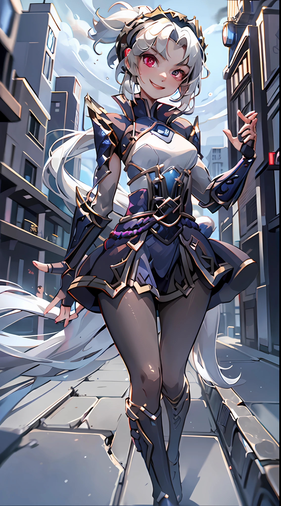 League of Legends, Zoe, 1 girl, heterochromia, heterochromia, short skirt, black dress, pantyhose, very long hair, fingerless gloves, smile, shut up, upper body, Porter trait, short stature