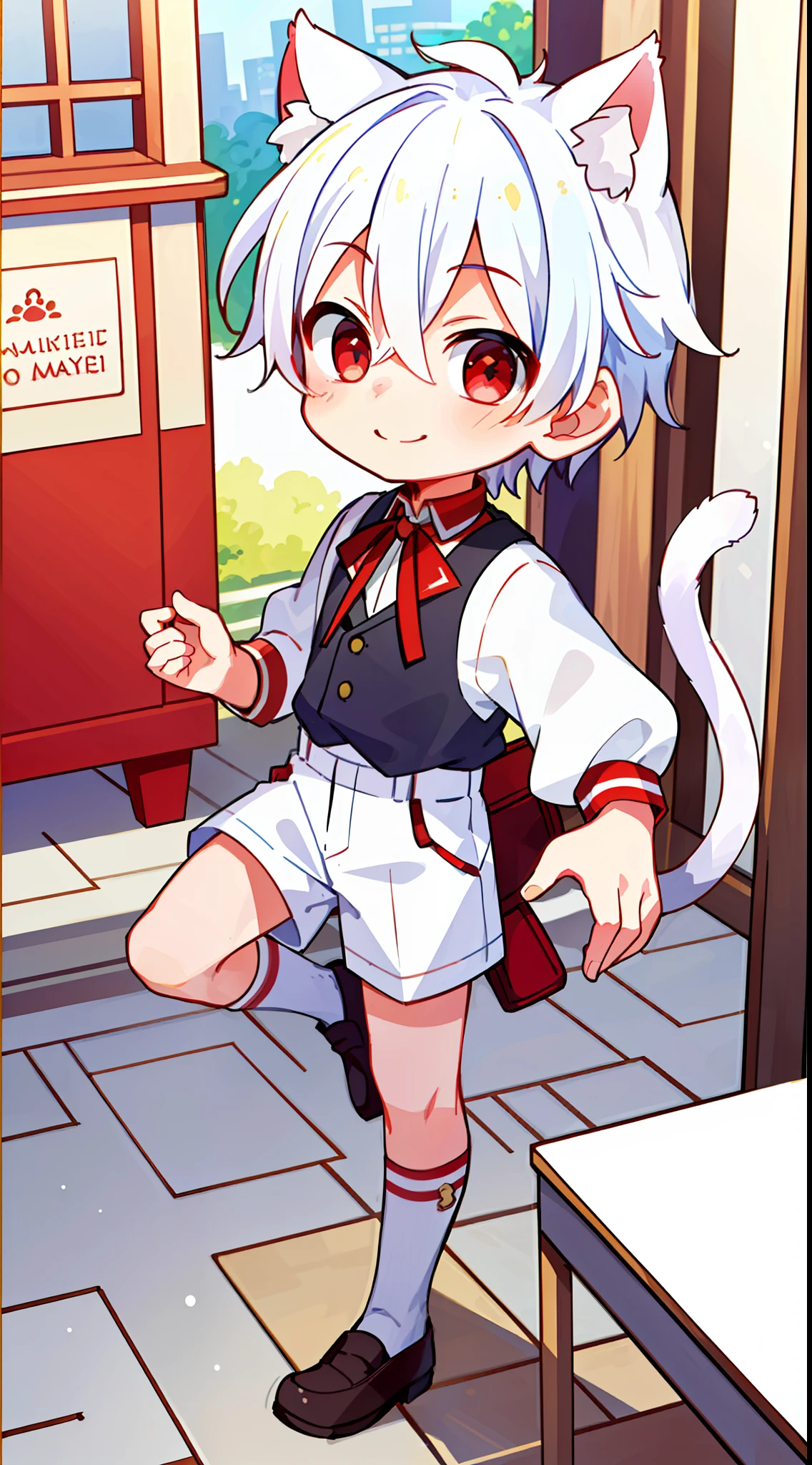 ((masterpiece)),(((best quality))), (high-quality, breathtaking), (expressive eyes, perfect face), 1boy, solo, male, short, young,  boy, white hair, red eyes, smiling, buildings, mailman outfit, wear short shorts, cat ears