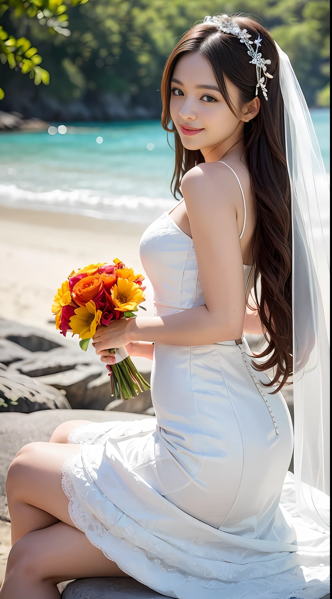 ((top quality, 8k, masterpiece: 1.3)), 1 girl, beautiful woman with emphasized plump abs: 1.3, full body, (long hair, small: 1.2), bride, bride hairstyle, veil, hair ornament, super delicate face, delicate eyes, double eyelids, smile, beach, white wedding dress, mermaid line dress, beach, orange flower bouquet on hand, sun, top quality, face focus, Soft Light, (Depth of Field), Ultra High Resolution, (Photorealistic: 1.4), RAW Photo, (Above Thigh: 1.4), (From Side: 1.2), One Japan Girl Seating, Solo, Cute, (Shy, Smile: 1.1), (Brown Eyes), Detailed Beautiful Face, (Midi Hair), Less Exposed Skin, Clean High