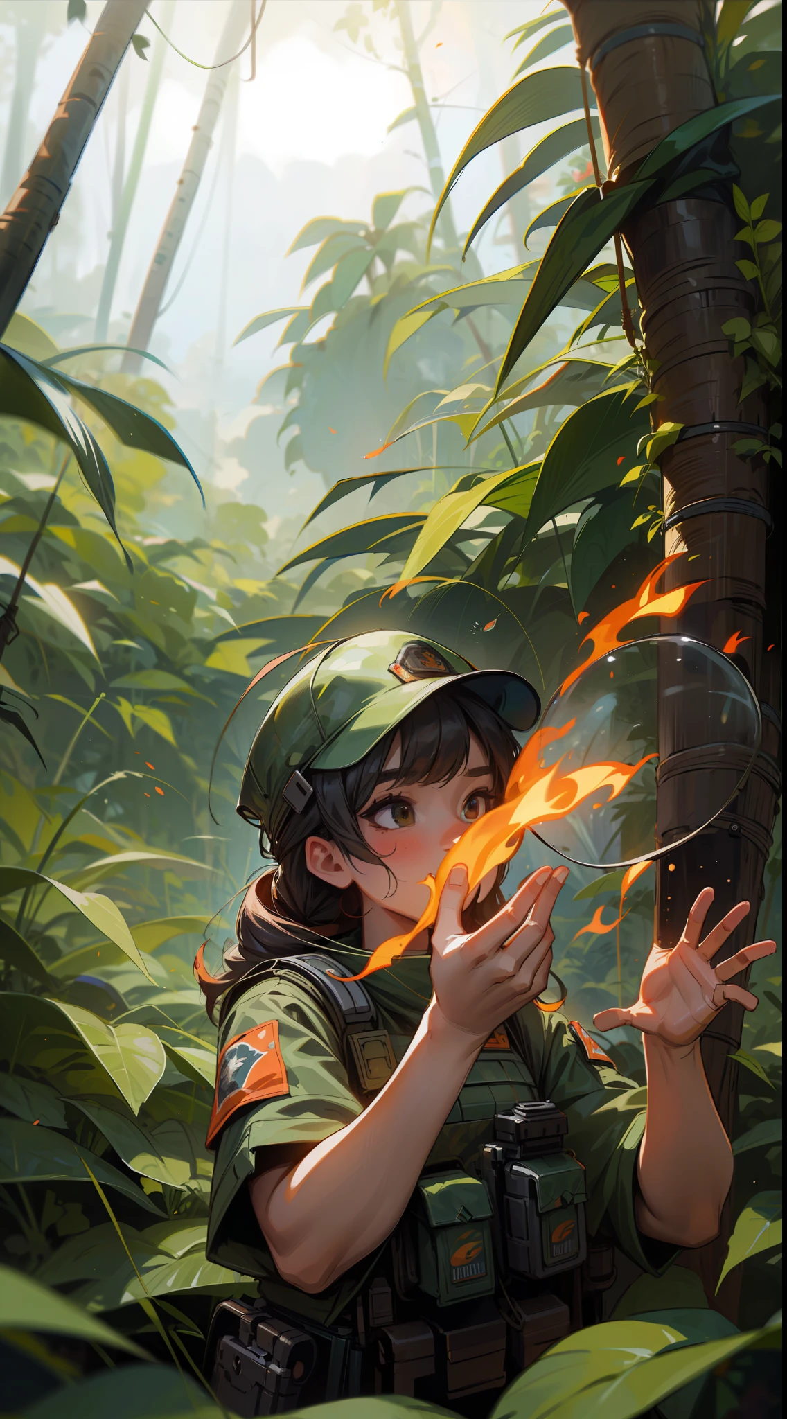(best quality, masterpiece),fisheye lens,1soldier girl in jungle,war,fire