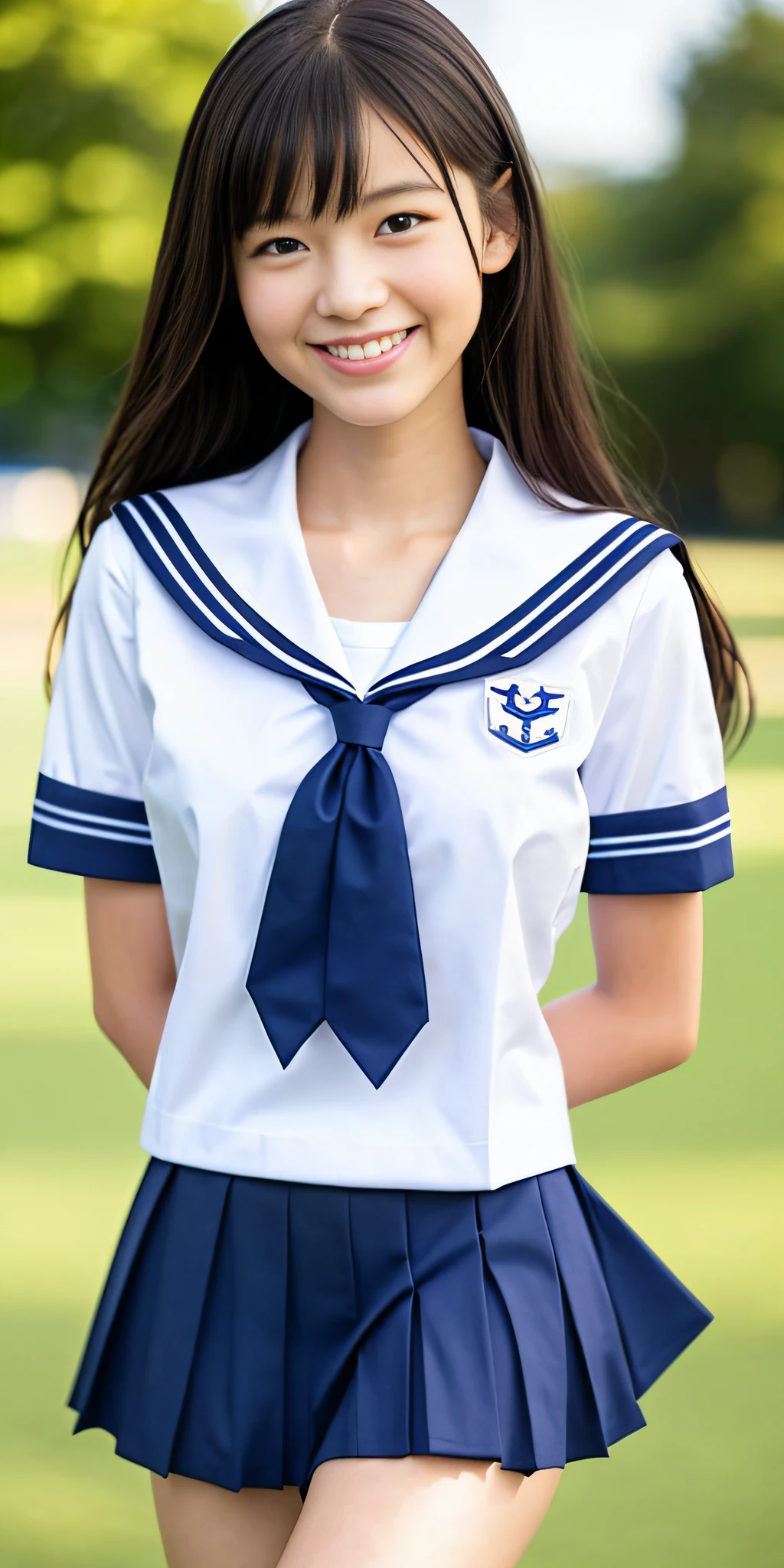 neat college girl, (school uniform, sailor uniform, ribbon tied at chest, summer uniform, upper body white, skirt is dark blue), outside the athletic field, (slim), photorealistic, detail, skin texture, ultra detail, delicate sexy collarbone, smile, super detailed face, detailed lips, detailed eyes, small breasts, small breasts, small, small, flat breasts, breast emphasis