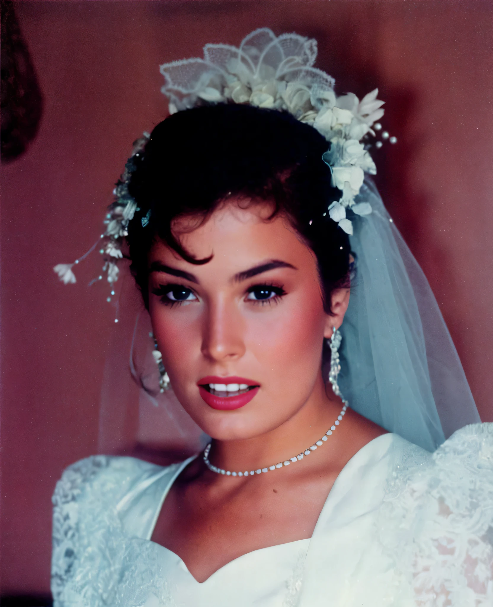 Close-up of a woman in a veiled wedding dress, 1 9 8 9, 1989, 1 9 8 5, 1985,, 1 9 9 0, 1990, 1988, 1 9 8 8, around 19 years old